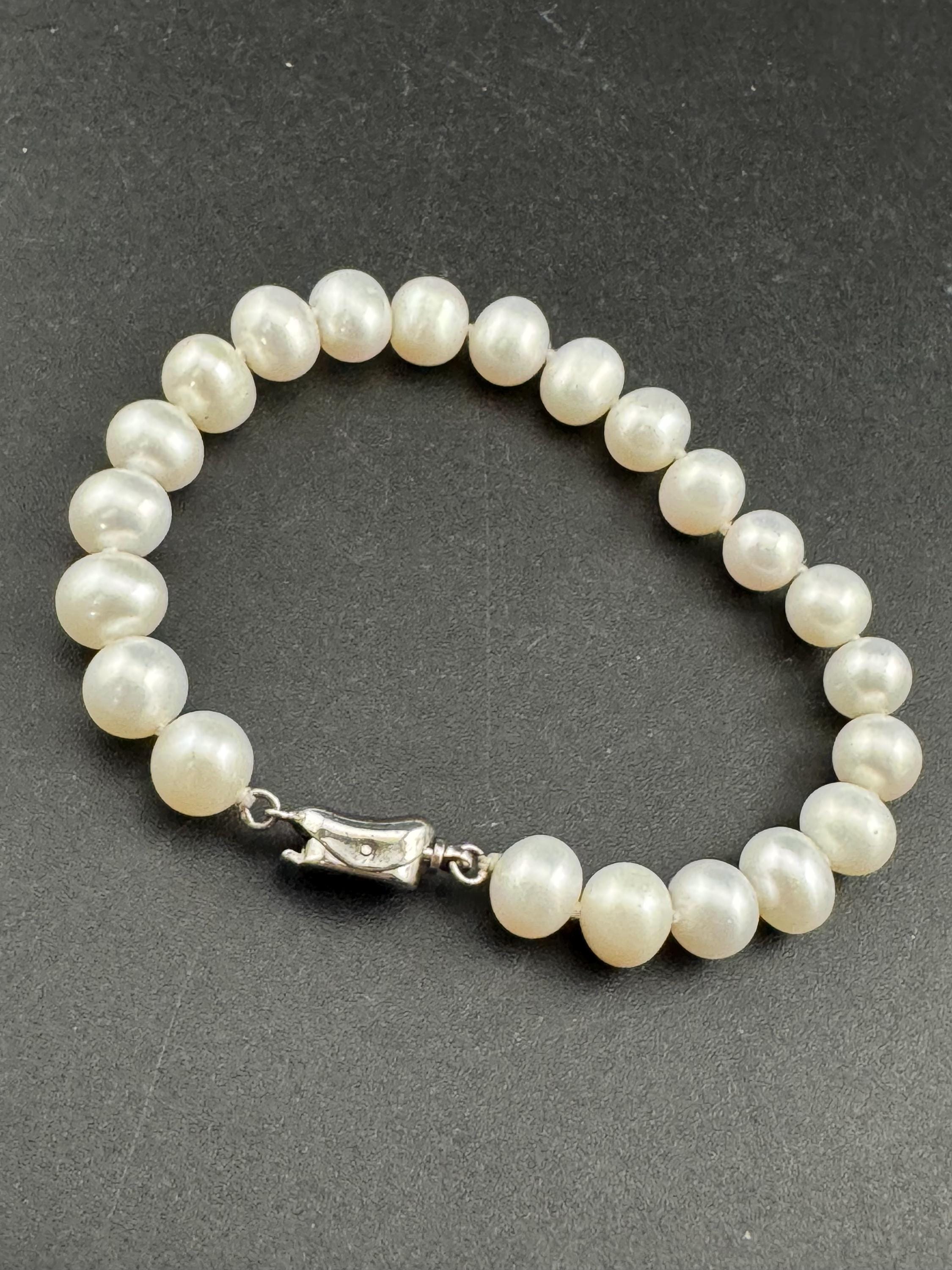 Vintage 925 sterling silver clasp modernist genuine white freshwater pearl beaded bracelet 19.5cm