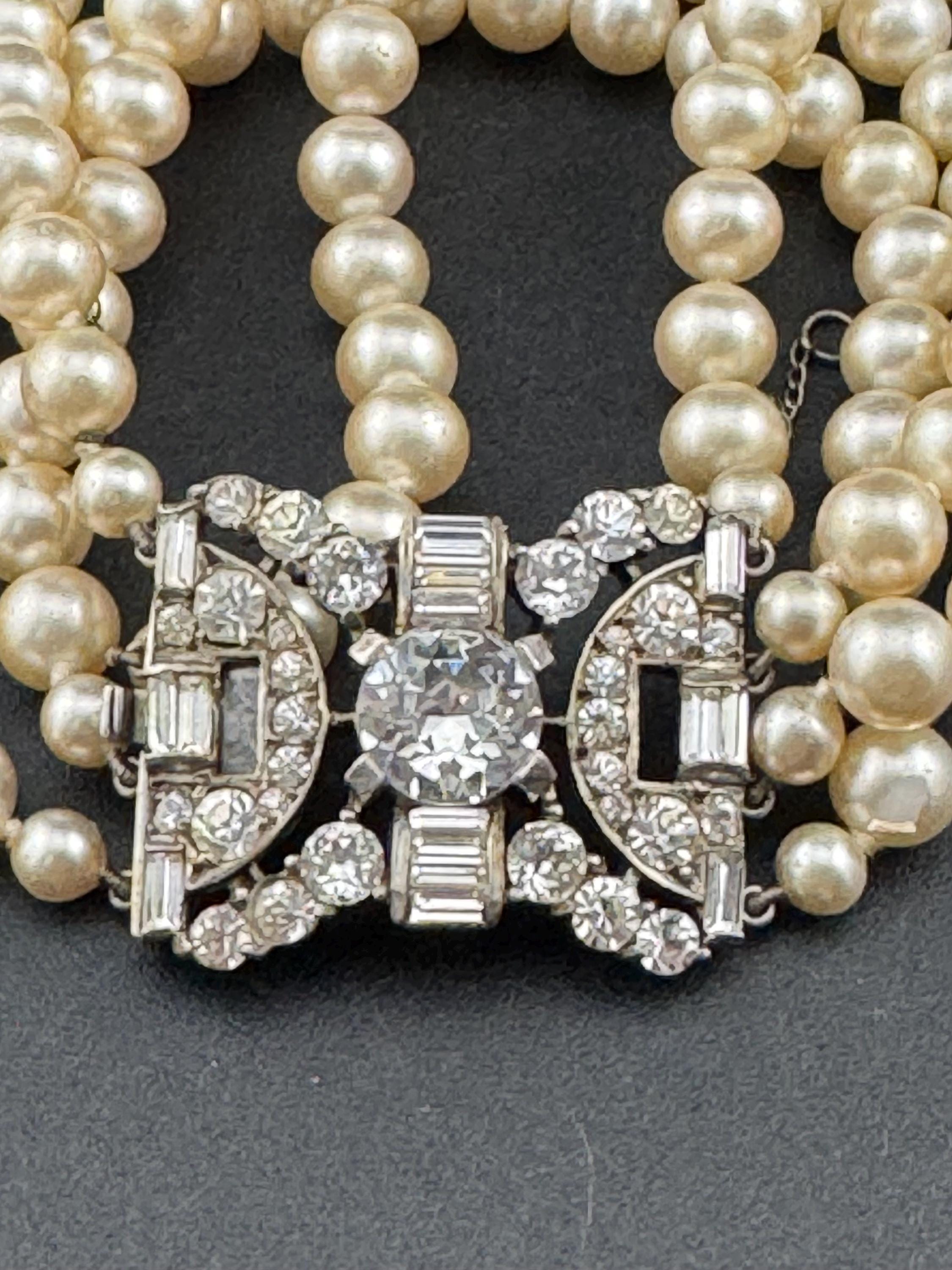 Vintage Ciro Faux Pearl Multistrand Bracelet: Sterling Silver Rhinestone Clasp