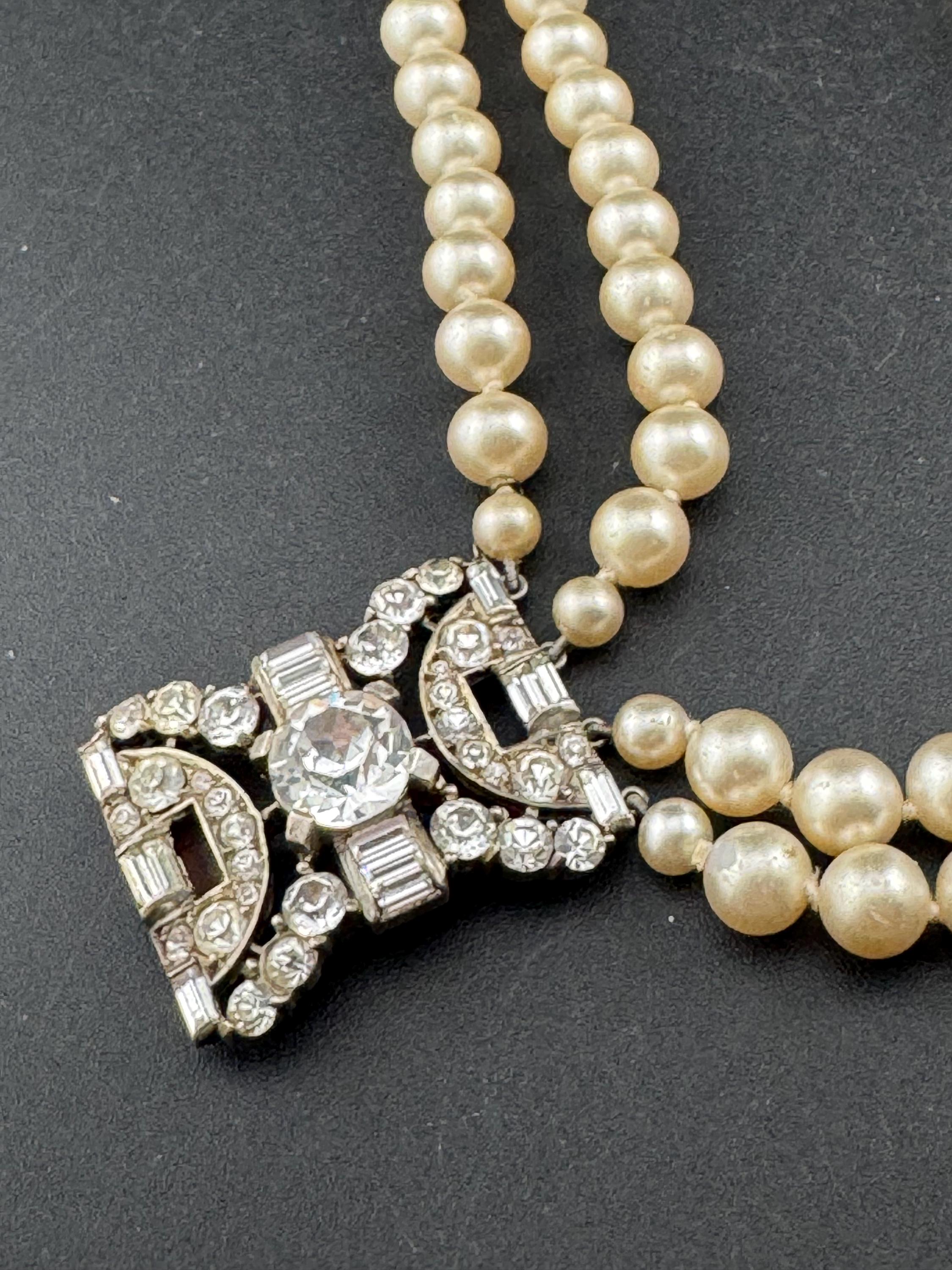 Vintage Ciro Faux Pearl Multistrand Bracelet: Sterling Silver Rhinestone Clasp