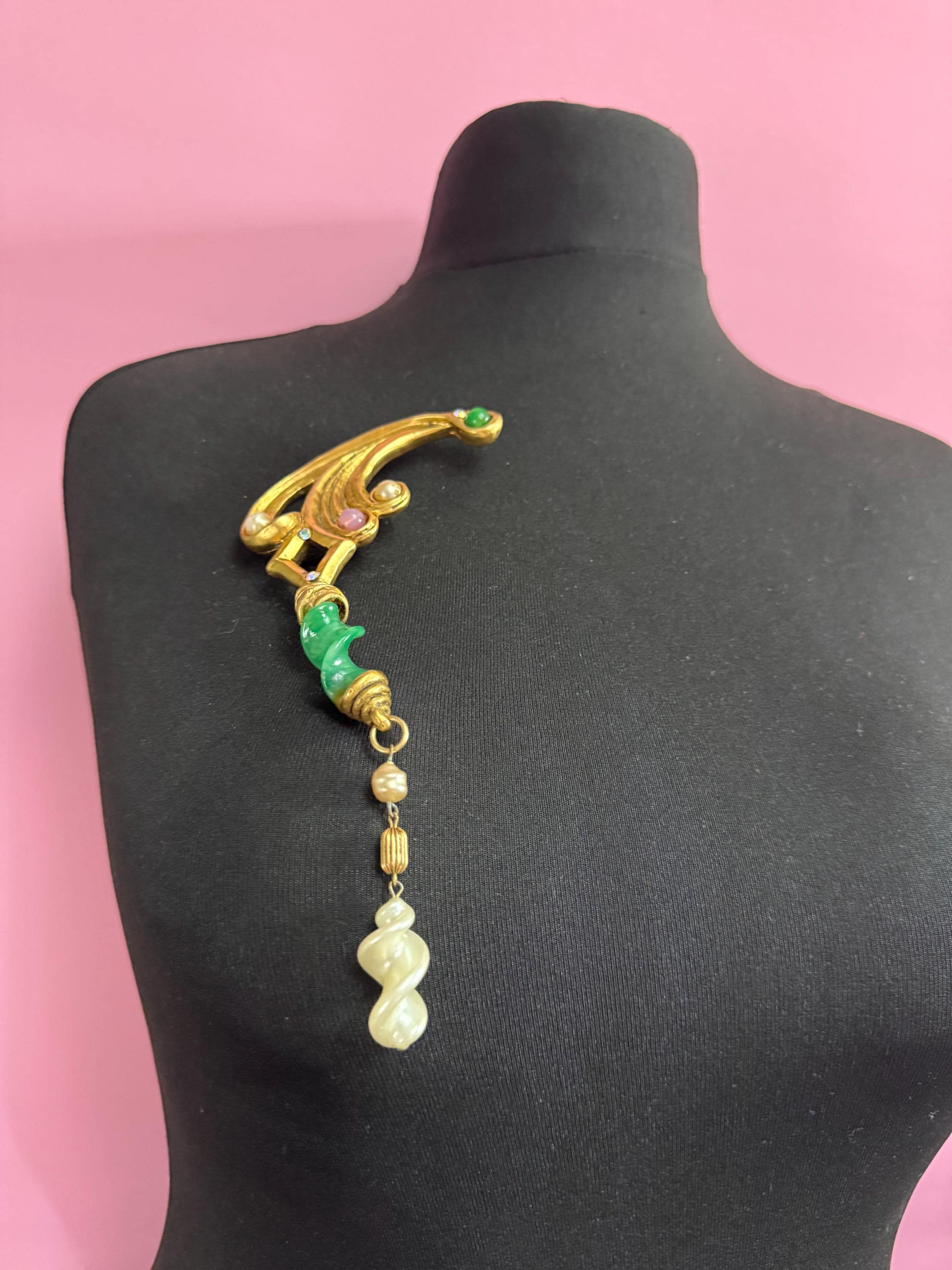 1980s signed Clare Deve huge high end oversized faux pearl and green dangle drop brooch, Paris designer gold resin
