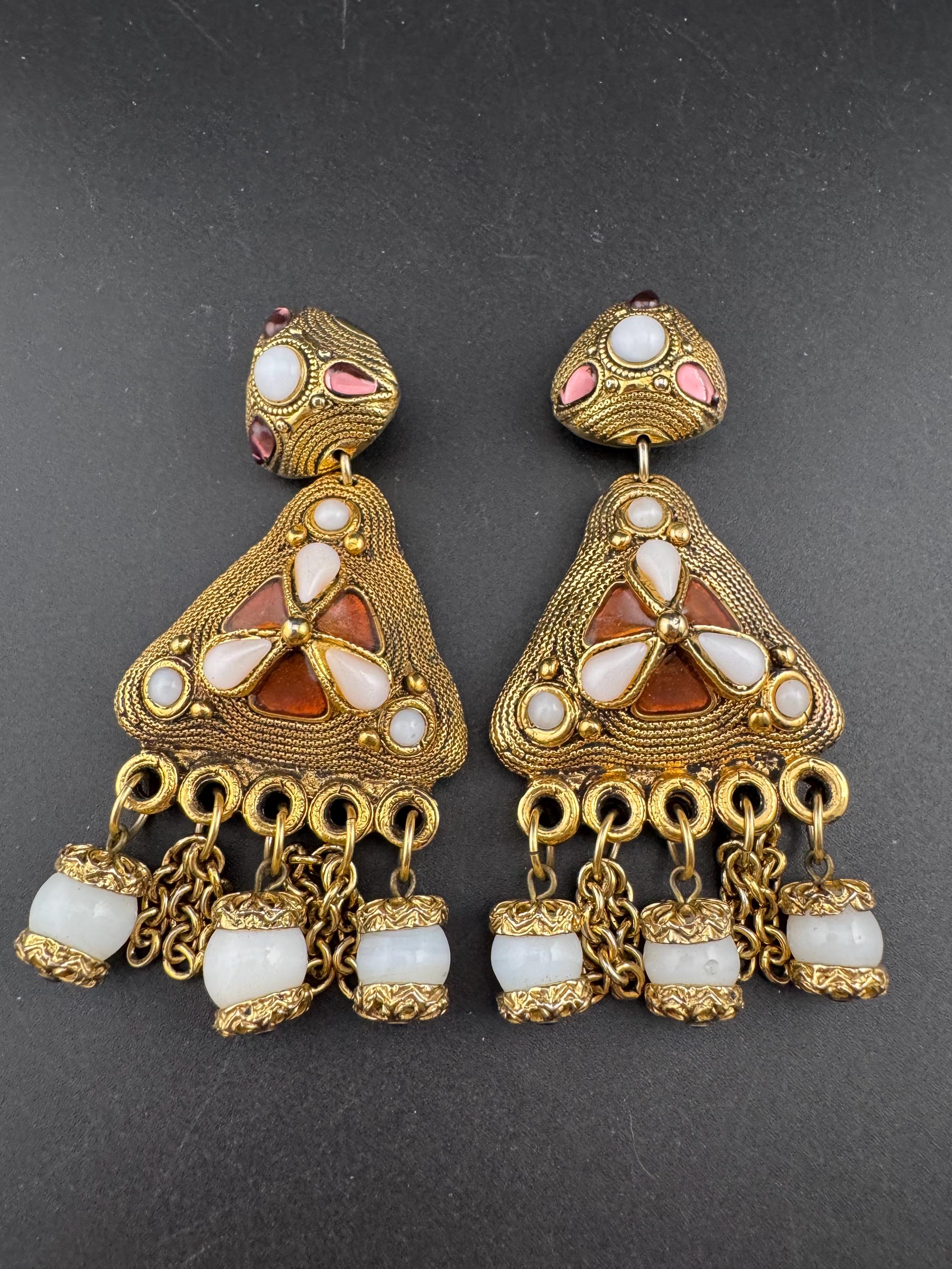 1980s signed Clare Deve huge high end oversized pair of faux pearl 10.5cm glass cab dangly drop clip on earrings , Paris designer gold resin