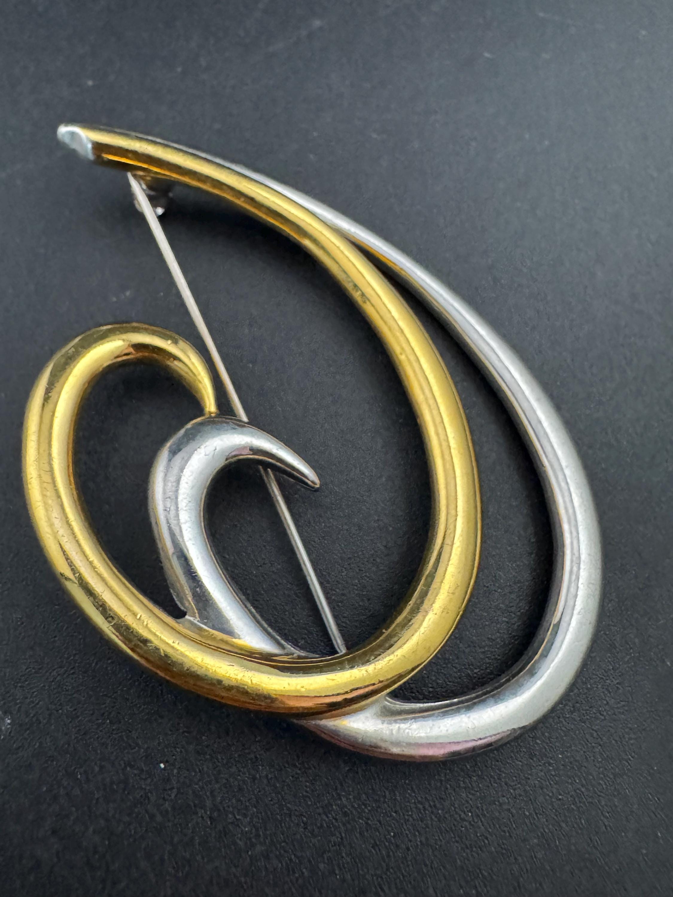 Signed MONET large abstract modernist swirl brooch, 6cm gold and silver tone