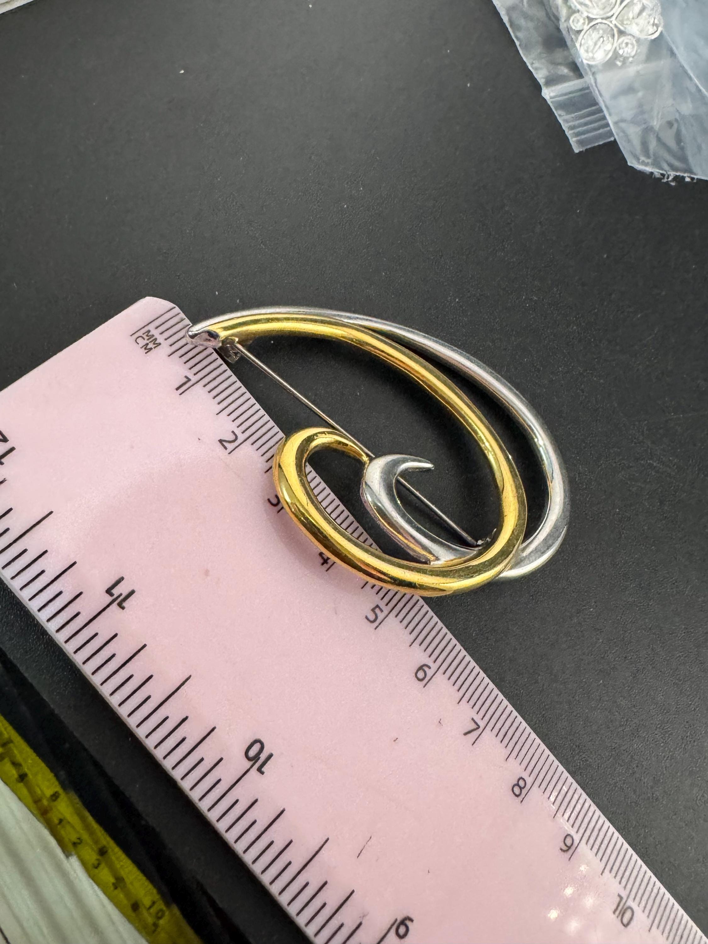 Signed MONET large abstract modernist swirl brooch, 6cm gold and silver tone