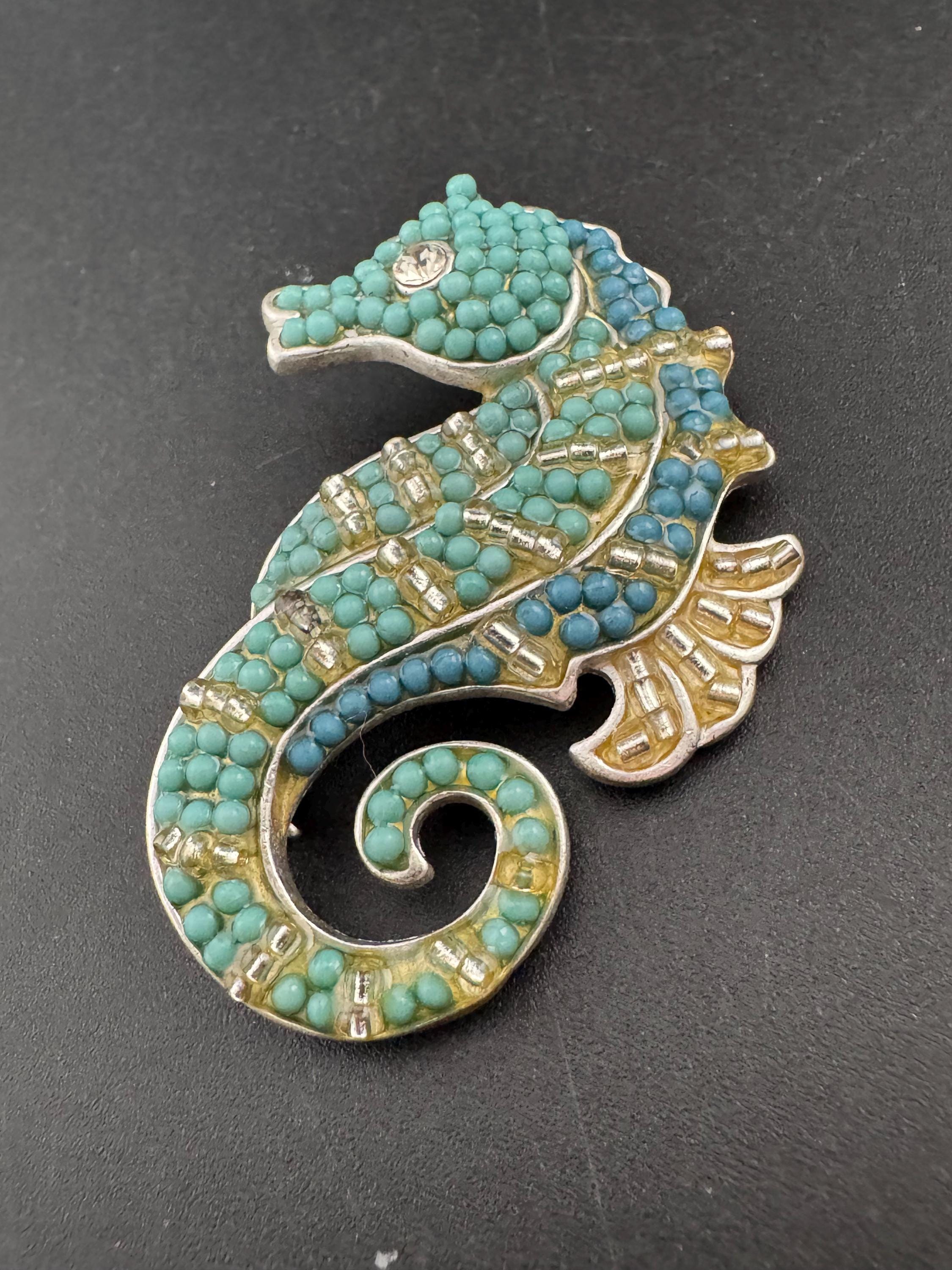 Signed Liz Claiborne seahorses brooch, large with turquoise beading