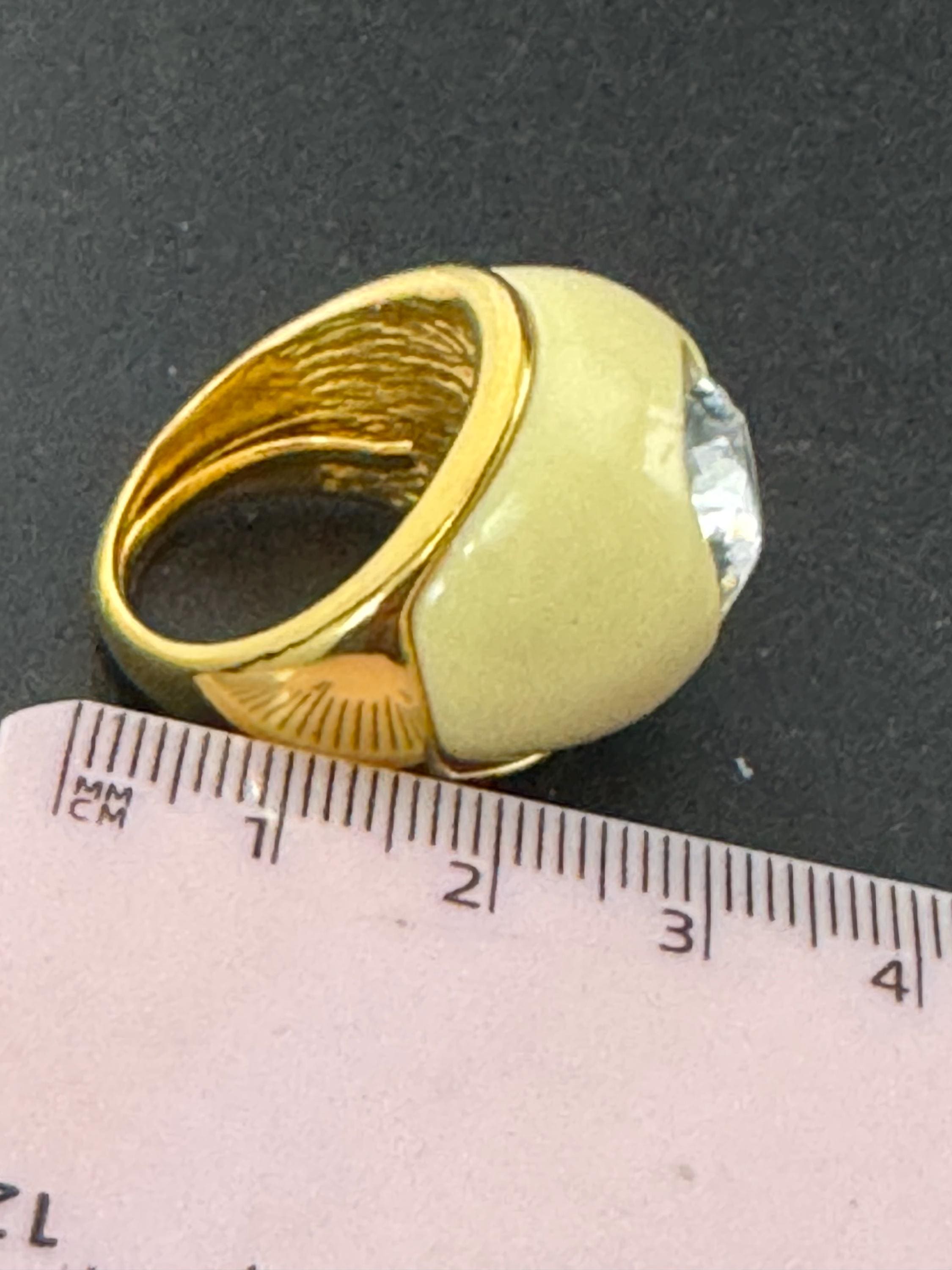 Signed KJL cream enamel rhinestone dress ring, gold plated Kenneth j lane