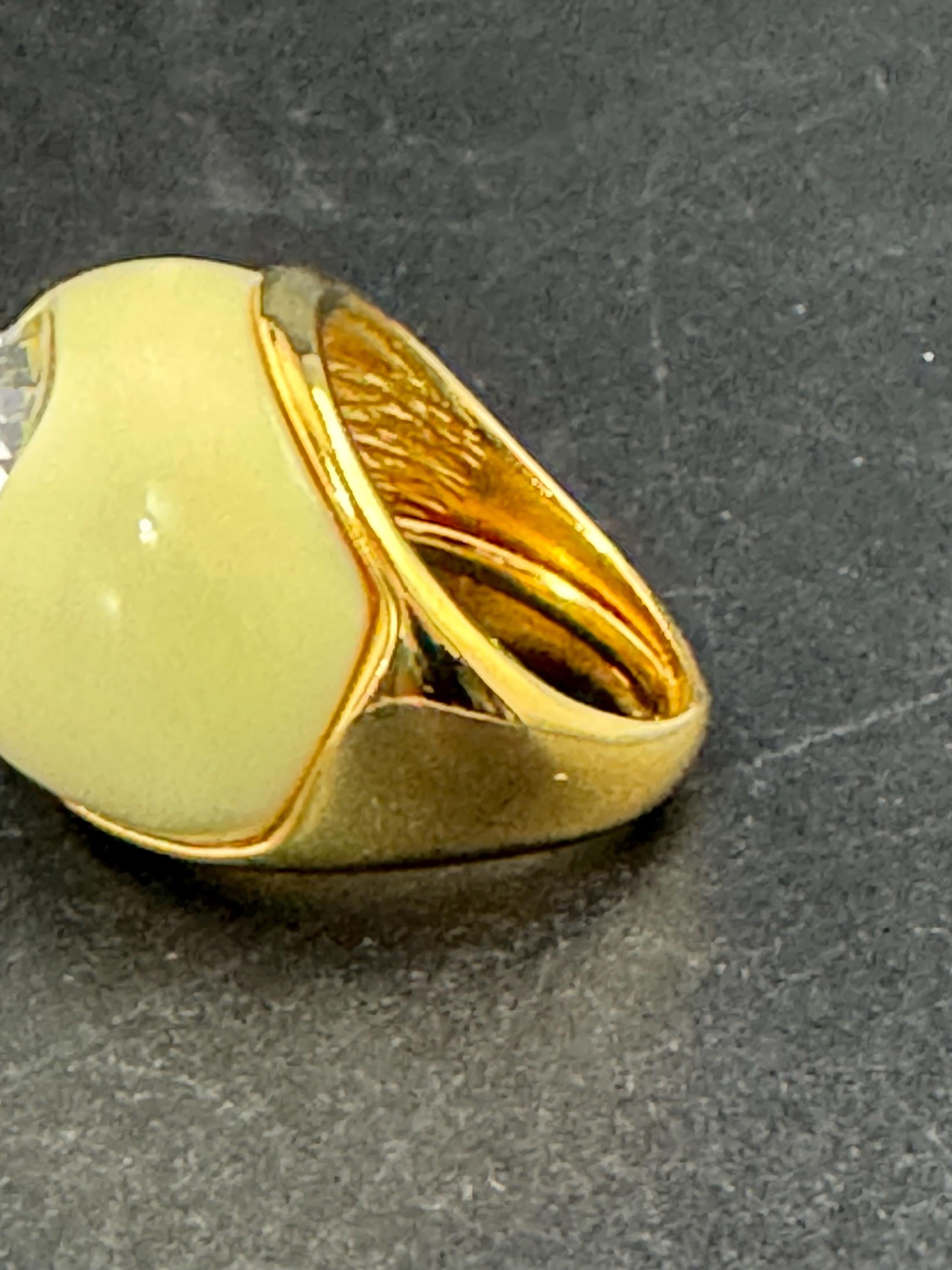 Signed KJL cream enamel rhinestone dress ring, gold plated Kenneth j lane