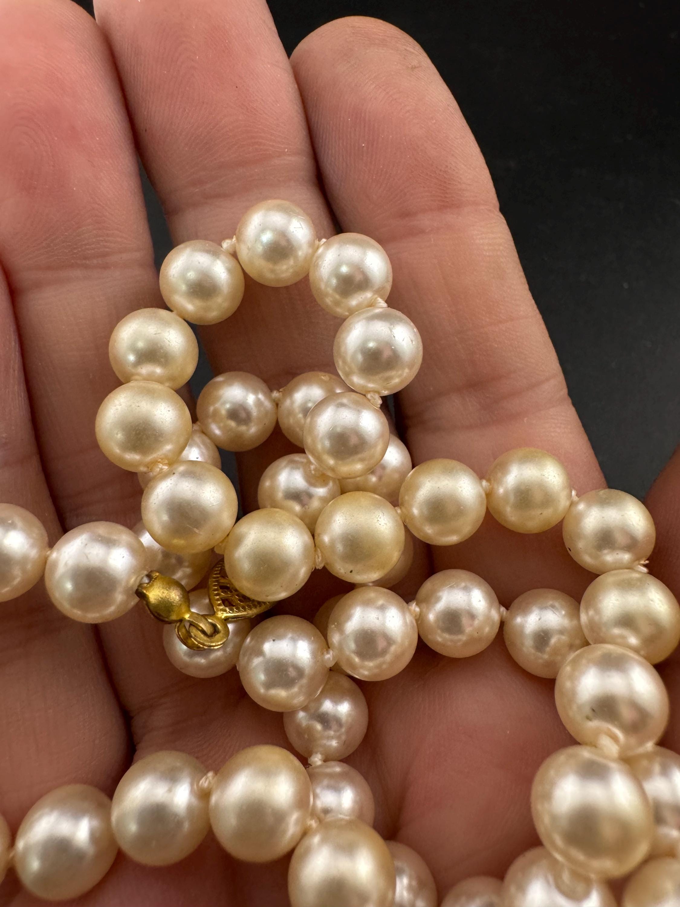 Vintage Classic cream glass pearl collar necklace, 6mm beads 40cm gold tone lovely condition