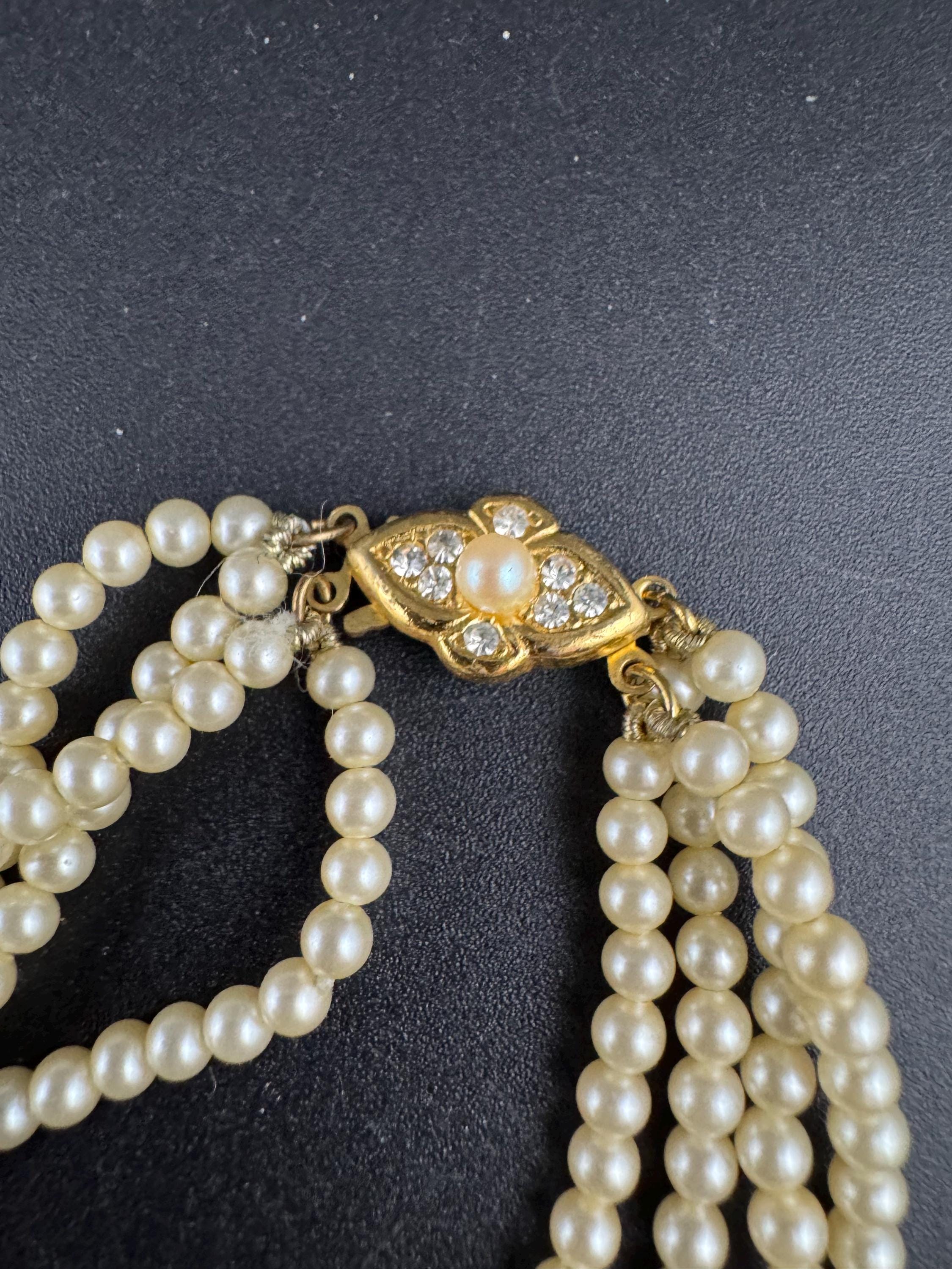 vintage 4 row multistrand small glass Pearl choker necklace gold tone clasp