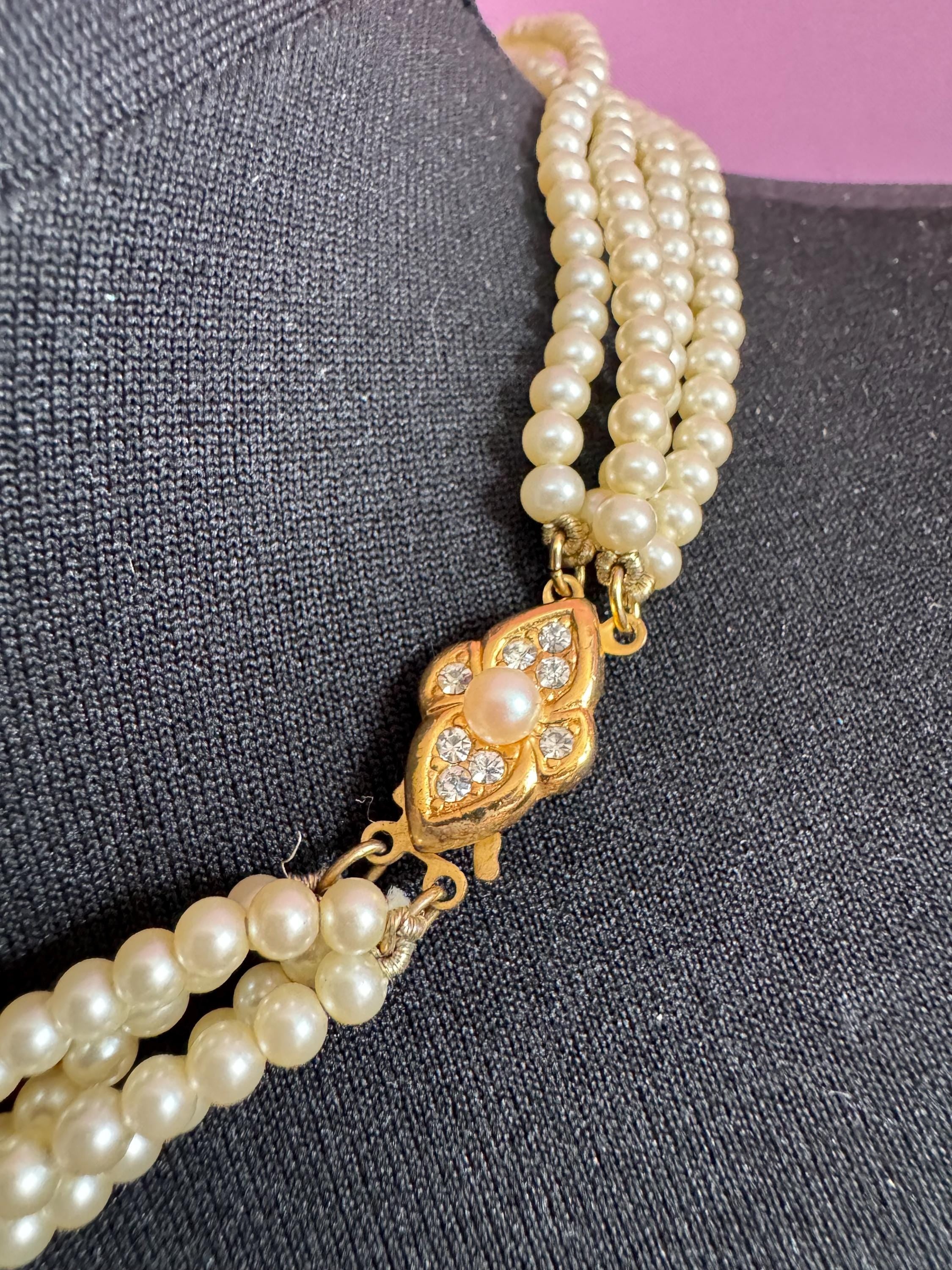 vintage 4 row multistrand small glass Pearl choker necklace gold tone clasp