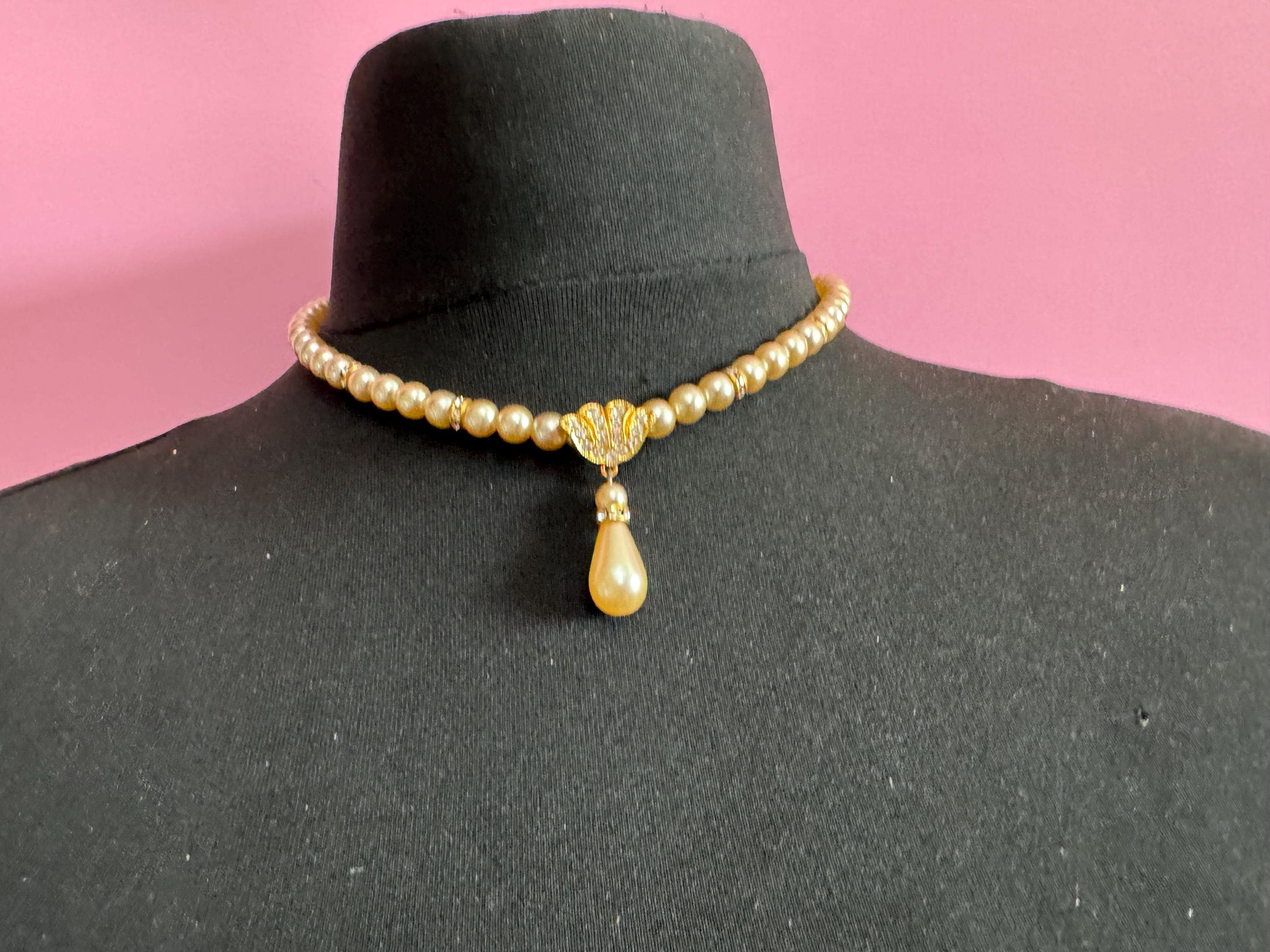 Vintage Faux glass Pearl teardrop necklace rhinestone and crystal rondelle set pendant 44cm