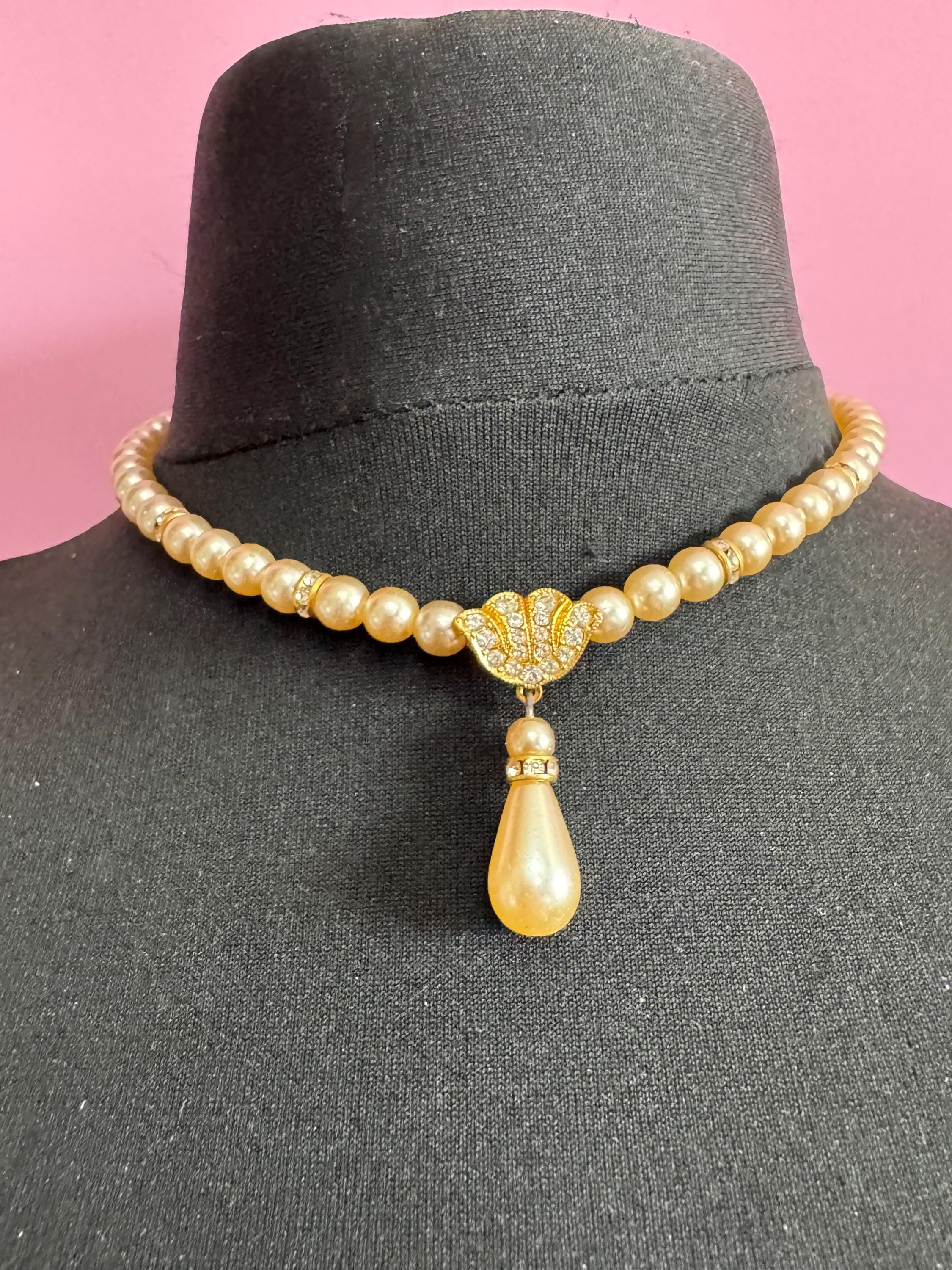 Vintage Faux glass Pearl teardrop necklace rhinestone and crystal rondelle set pendant 44cm