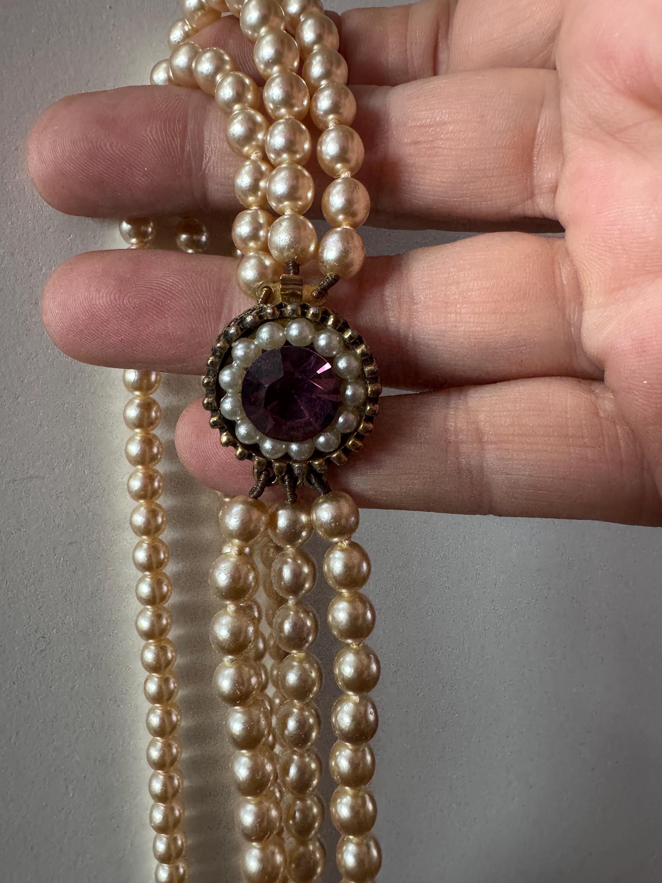 Petite fit  40cm 3 row Cream glass pearl choker necklace with pink rhinestone and seed pearl ornate clasp