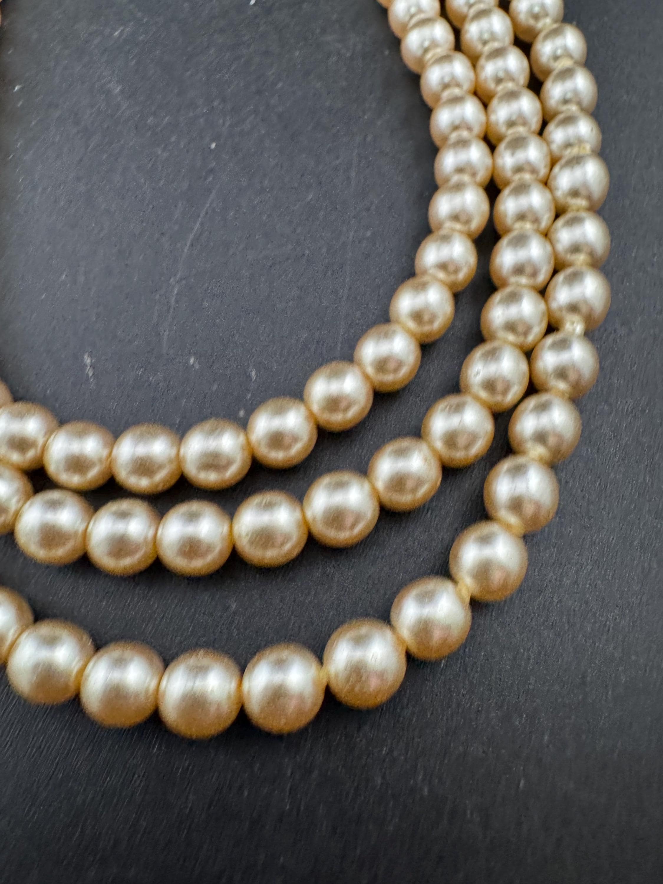 Petite fit  40cm 3 row Cream glass pearl choker necklace with pink rhinestone and seed pearl ornate clasp
