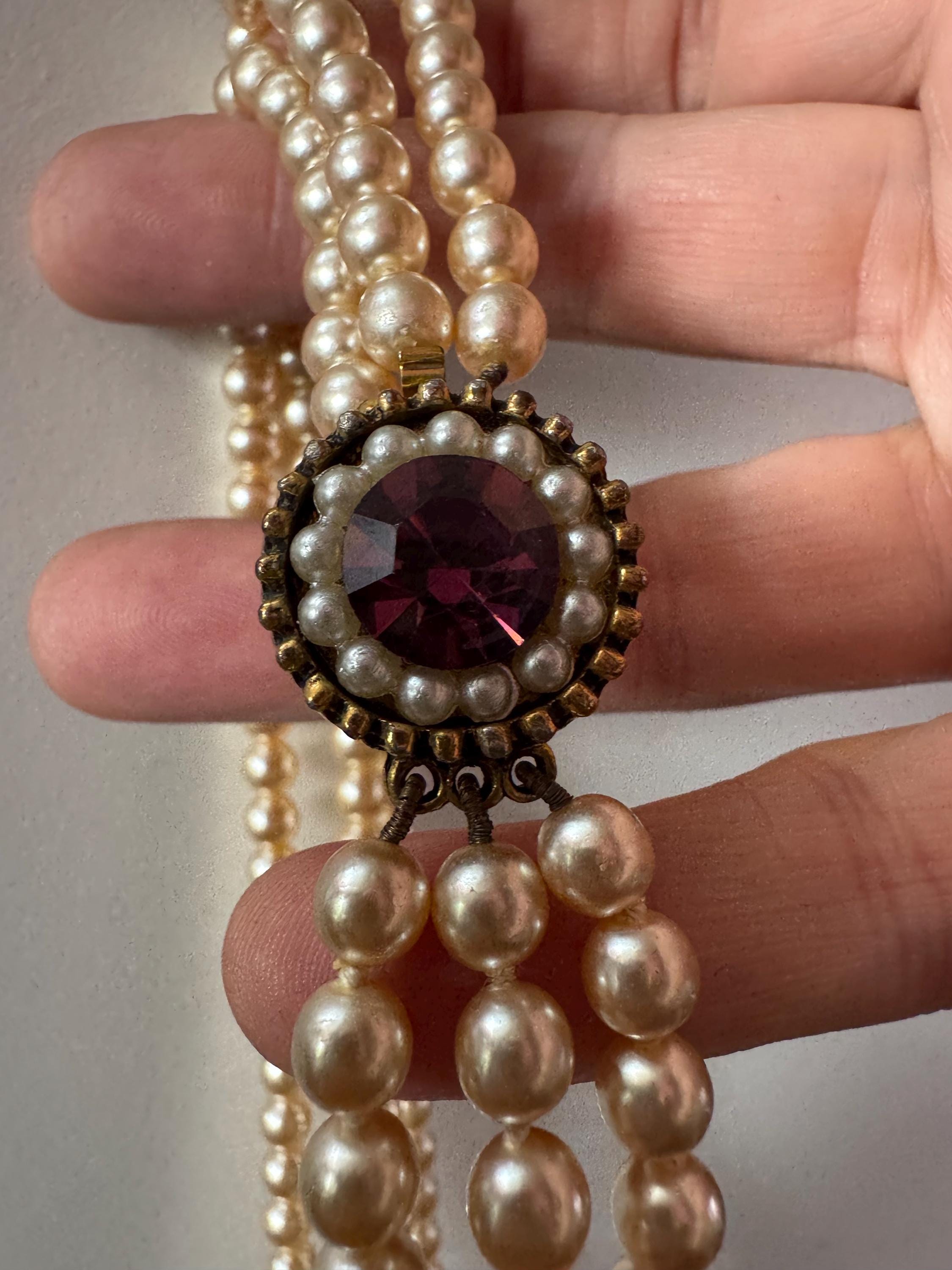 Petite fit  40cm 3 row Cream glass pearl choker necklace with pink rhinestone and seed pearl ornate clasp