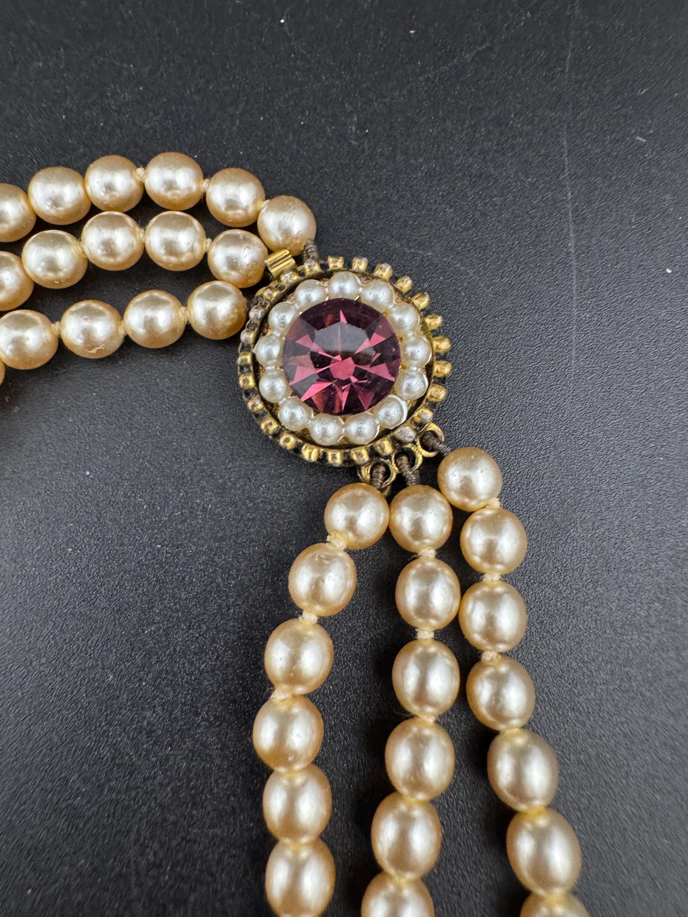 Petite fit  40cm 3 row Cream glass pearl choker necklace with pink rhinestone and seed pearl ornate clasp