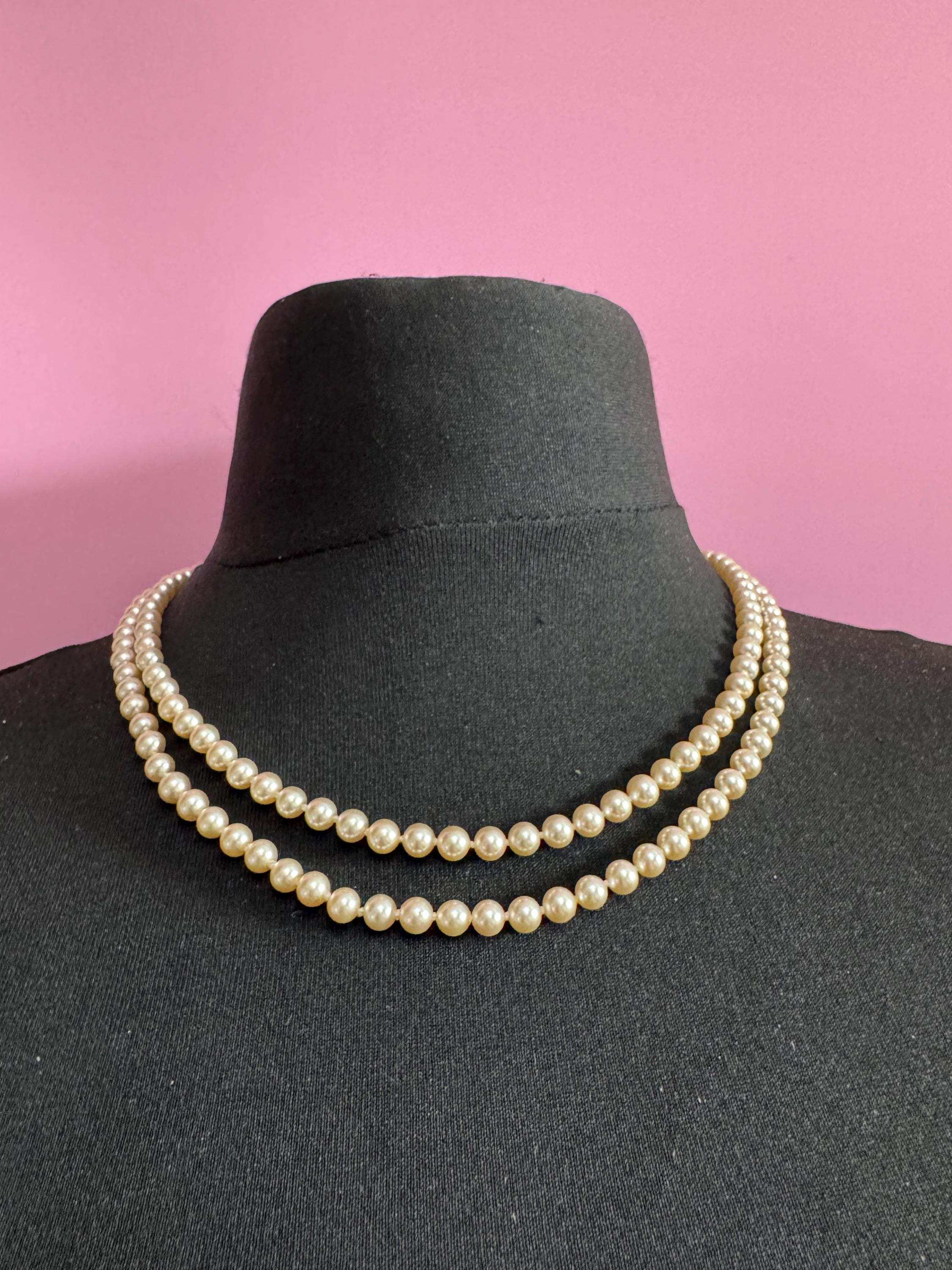 Vintage Double Strand Glass Pearl Necklace: Diamanté Clasp, 50cm