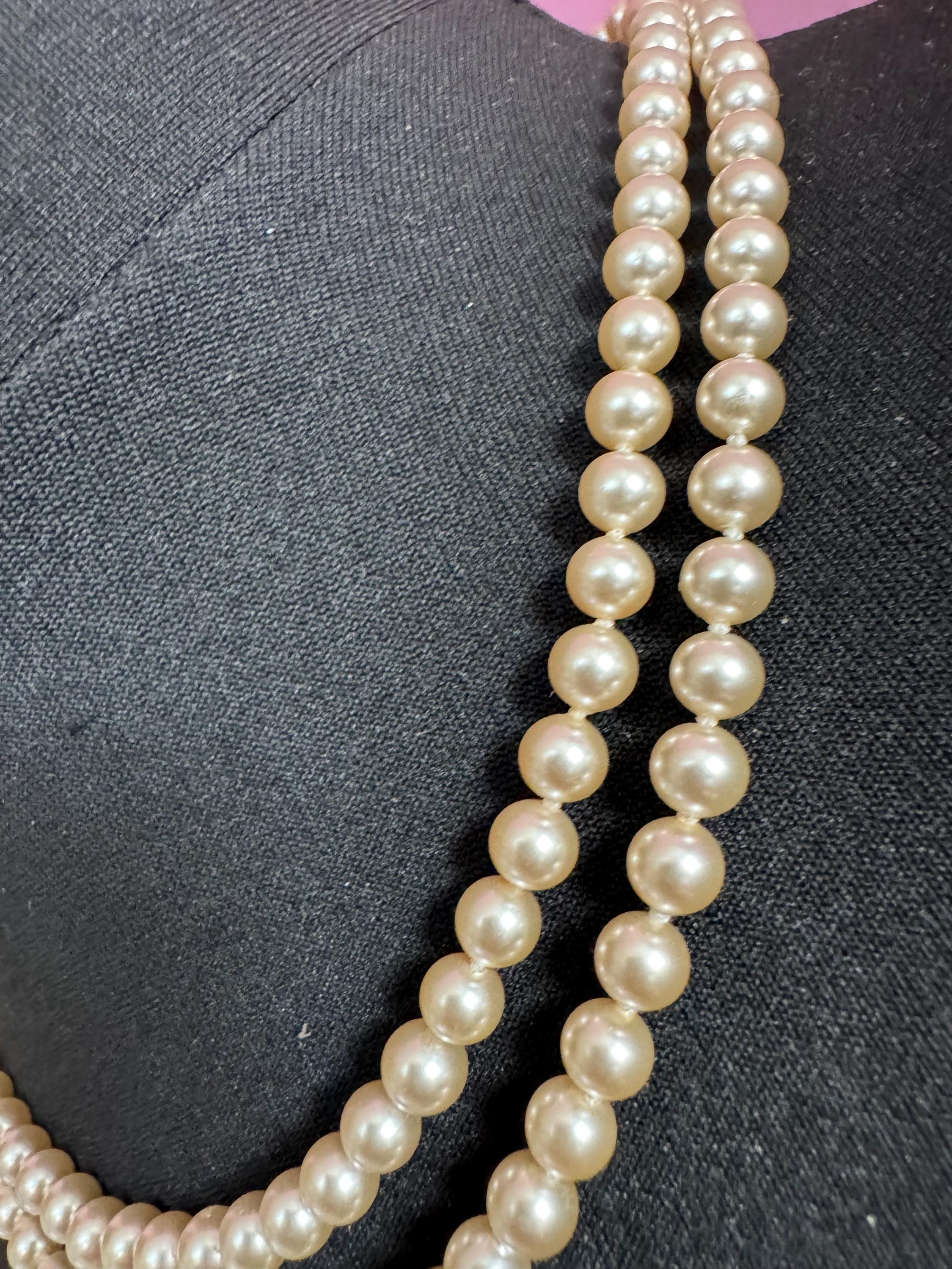Vintage Double Strand Glass Pearl Necklace: Diamanté Clasp, 50cm