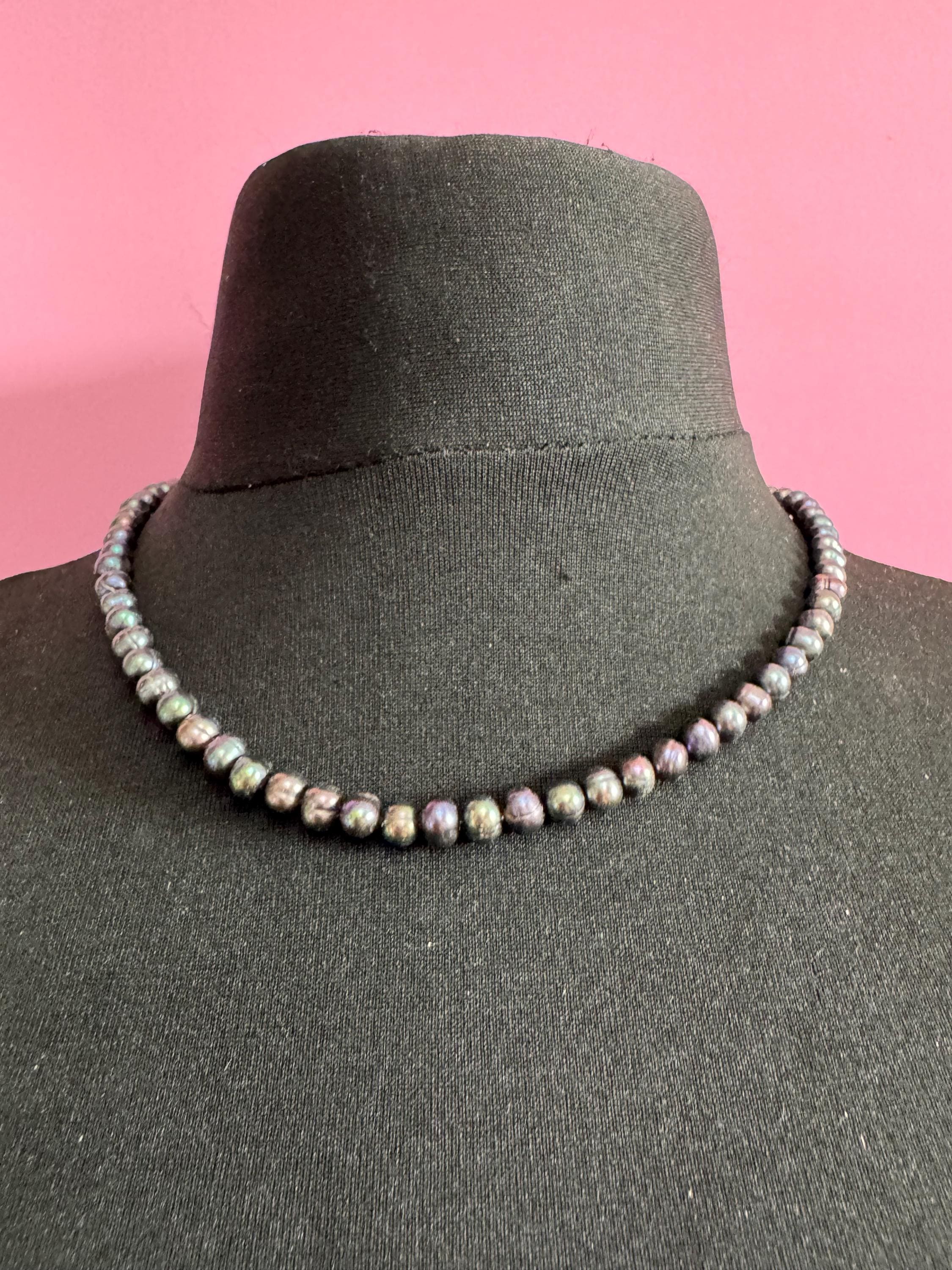 Vintage 925 silver clasp,  dyed freshwater pearl Petrol blue to grey glass knotted pearl necklace 48cm