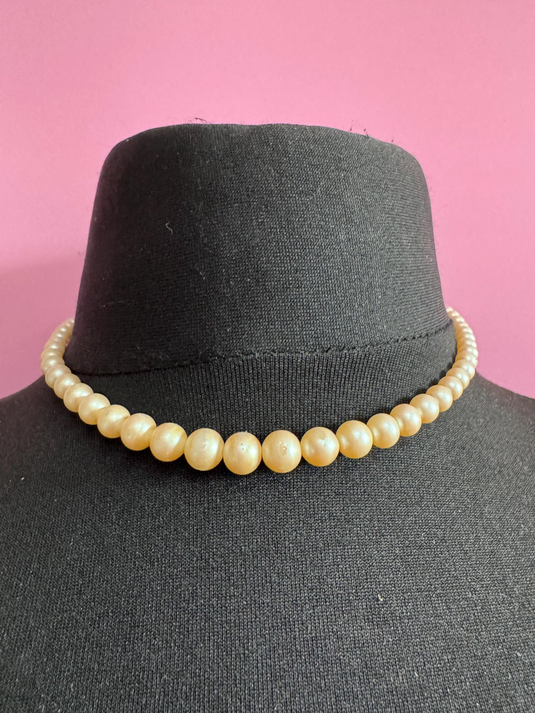 vintage cream glass pearl necklace silver tone sapphire rhinestone clasp 42cm graduated beads