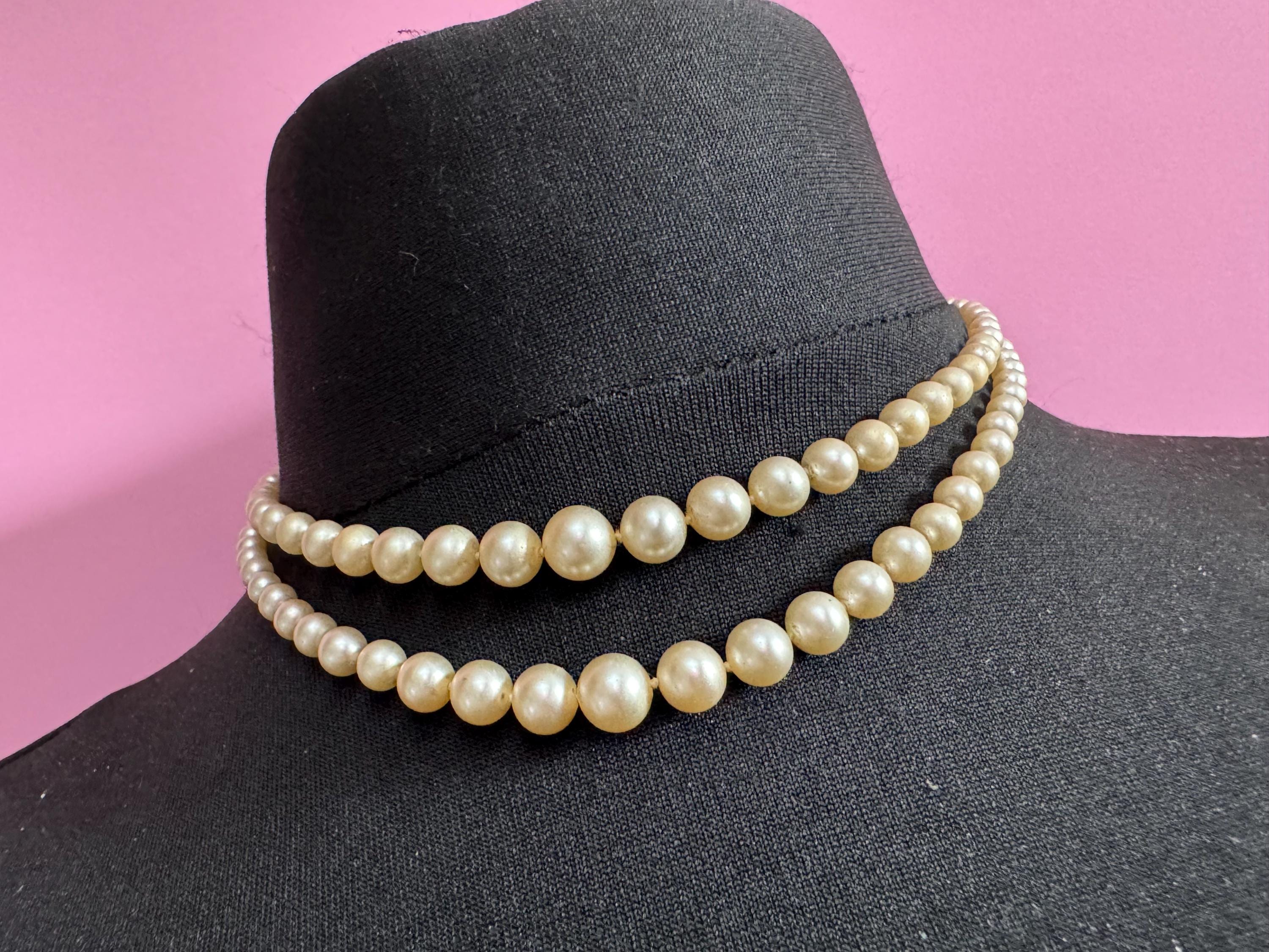 Signed lotus vintage 2 row double strand glass Pearl necklace light cream 42cm 925 silver clasp  with safety chain