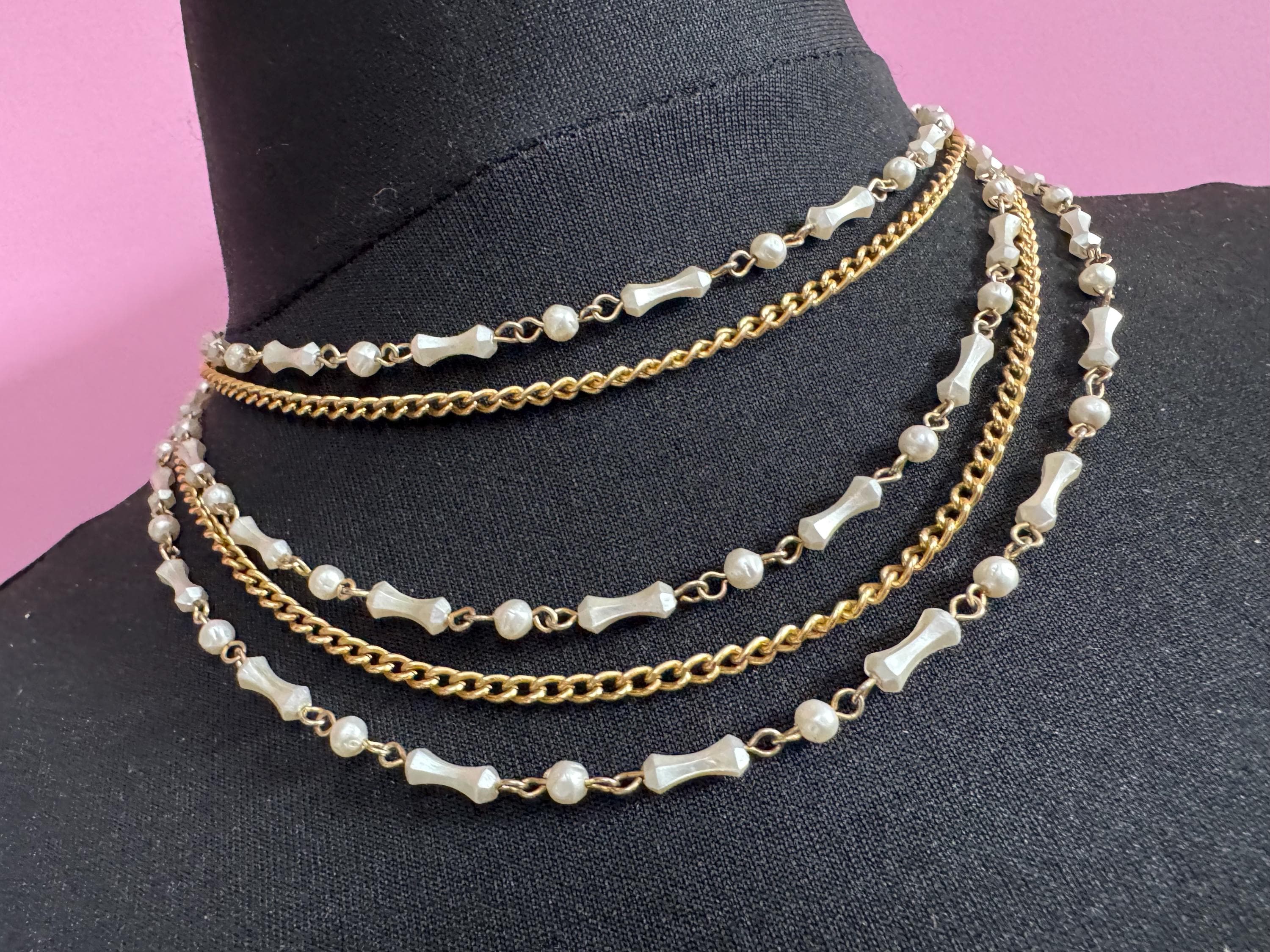 Vintage gold tone chain multi strand cream pearl beaded choker waterfall necklace
