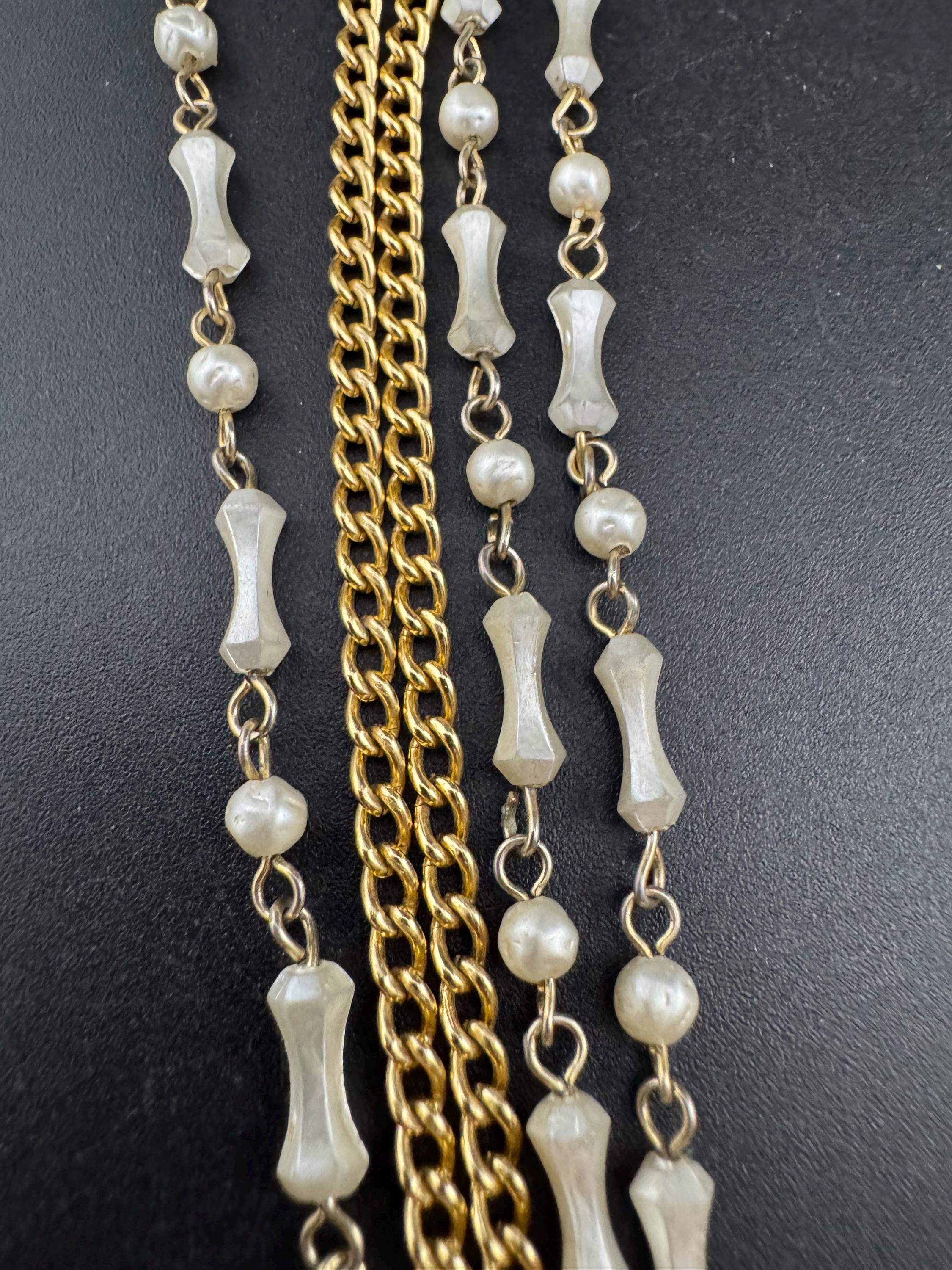 Vintage gold tone chain multi strand cream pearl beaded choker waterfall necklace