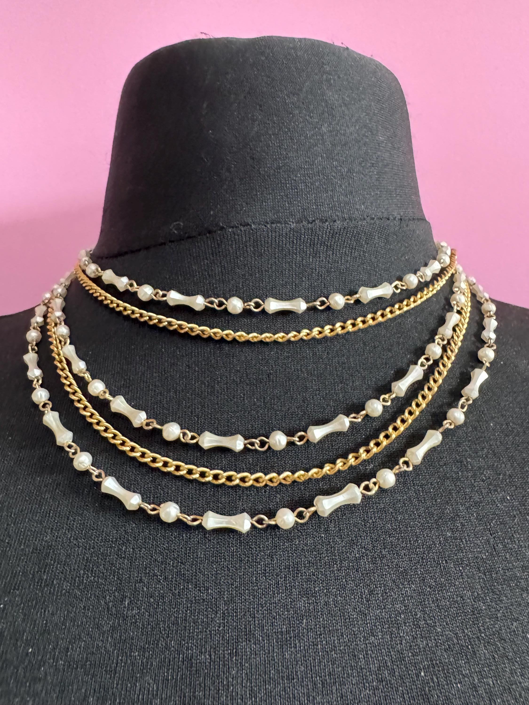 Vintage gold tone chain multi strand cream pearl beaded choker waterfall necklace