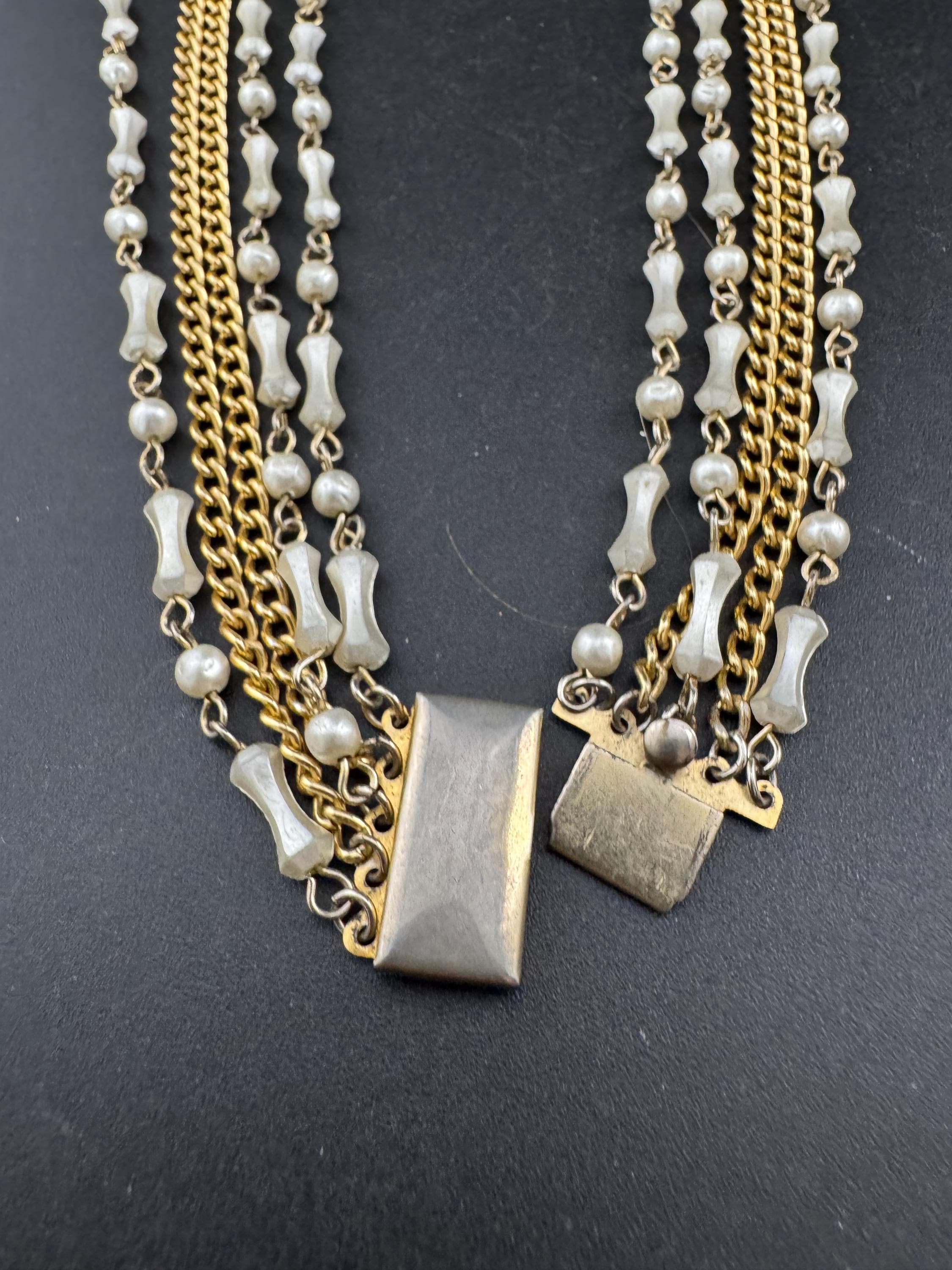 Vintage gold tone chain multi strand cream pearl beaded choker waterfall necklace