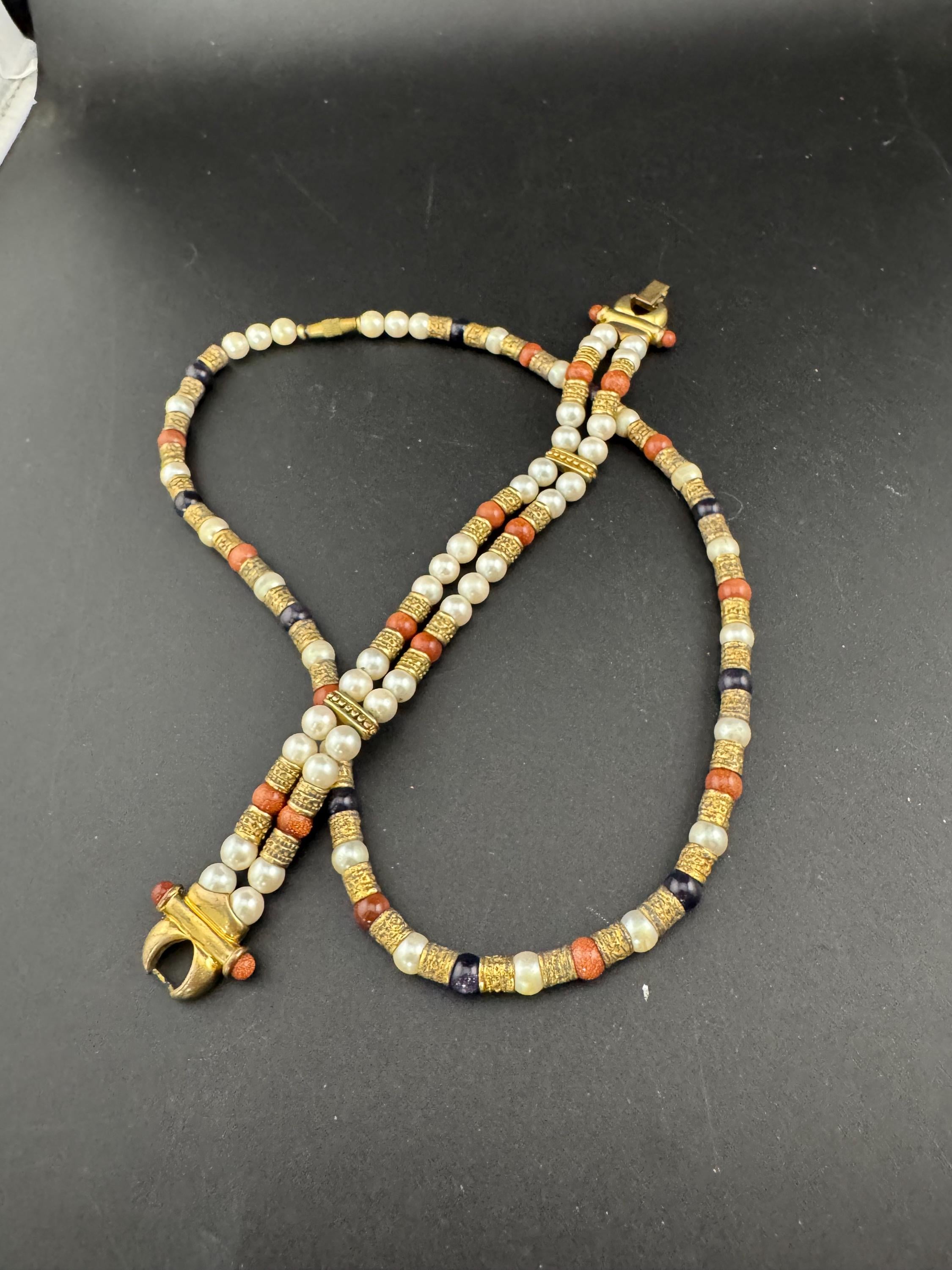 Vintage high end white glass pearl and goldstone necklace and matching bracelet jewellery set , Etruscan style