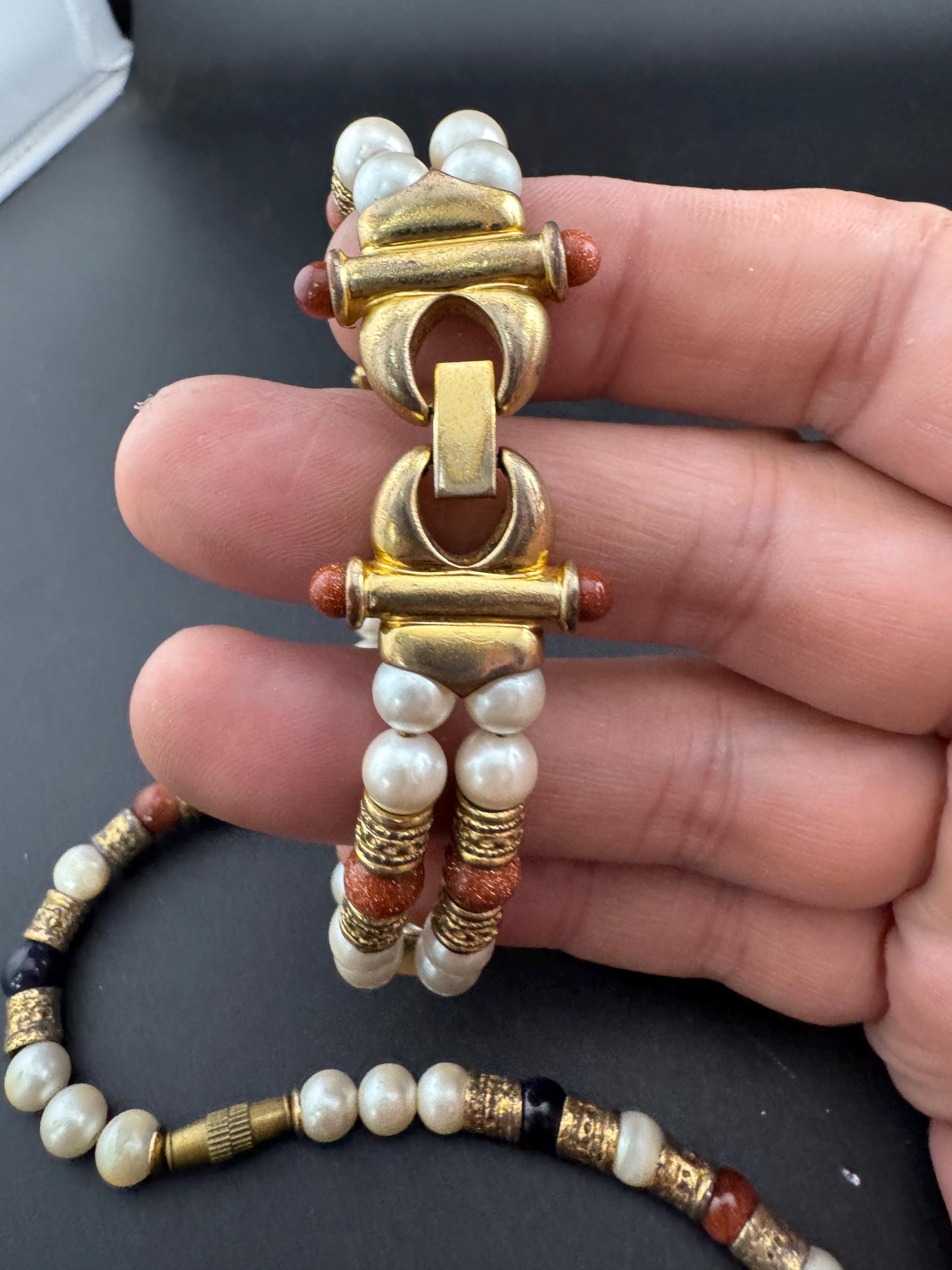 Vintage Etruscan Style Pearl & Goldstone Necklace Bracelet Set