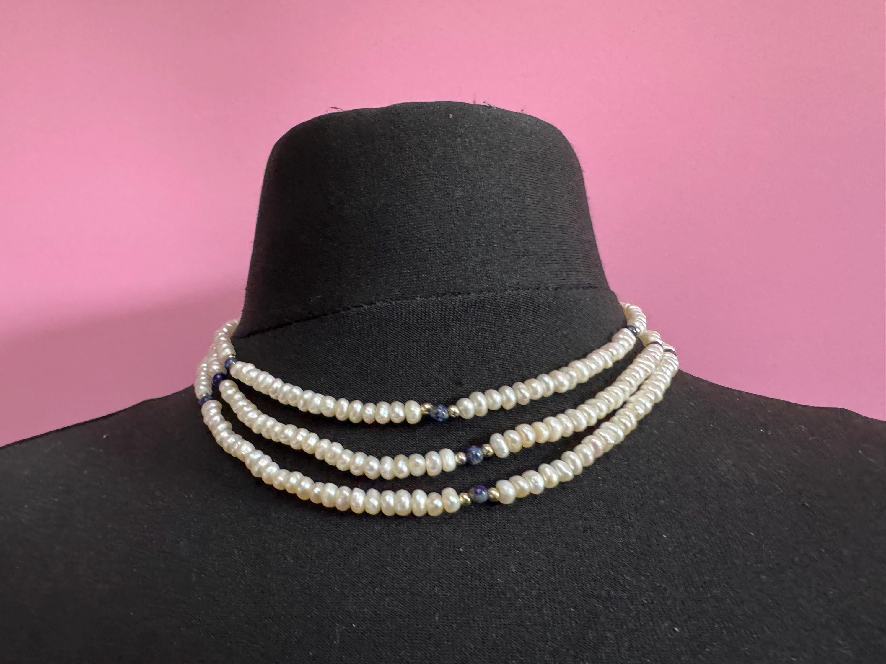 Vintage 3 row natural real freshwater Pearl blue gemstone beaded Multistrand choker necklace 44cm