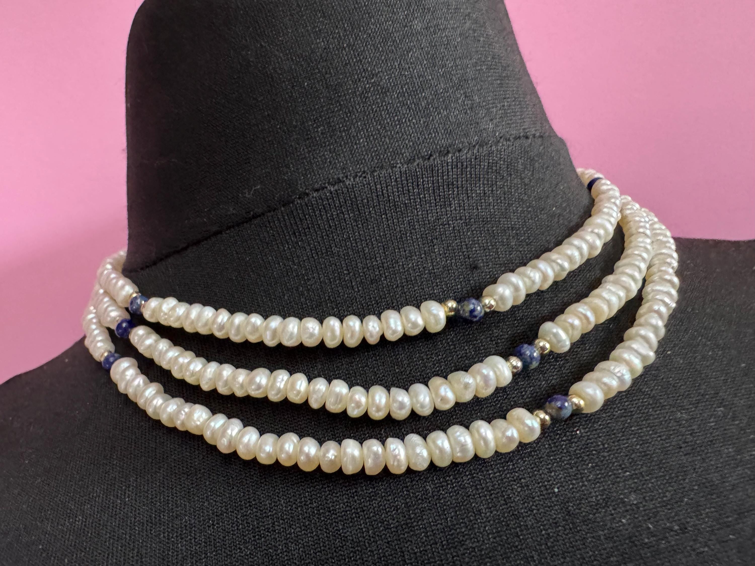 Vintage 3 row natural real freshwater Pearl blue gemstone beaded Multistrand choker necklace 44cm