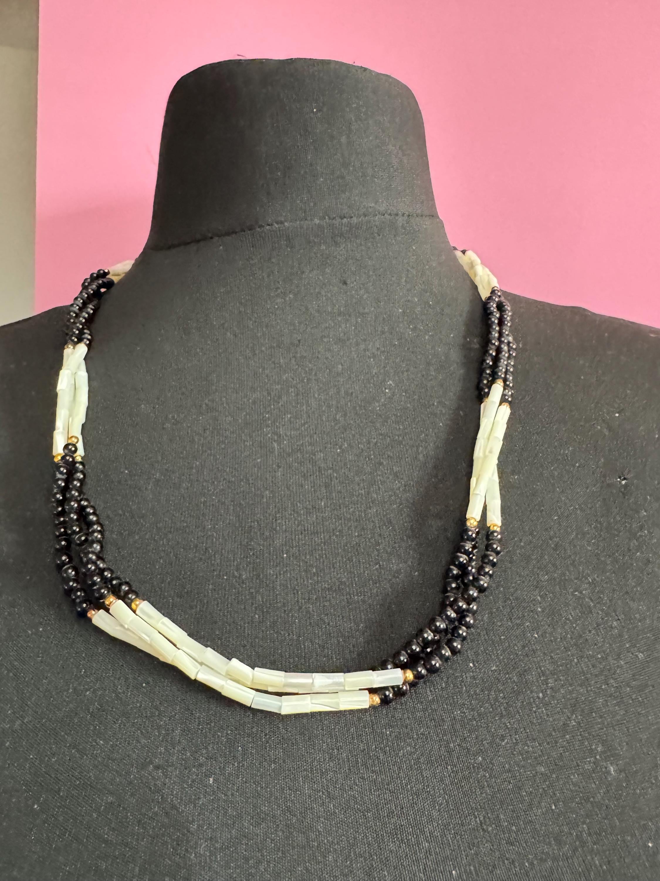Retro mother of pearl bugle beaded MOP Natural shell and black glass beaded long multistrand necklace 62cm long ideal summer festivals