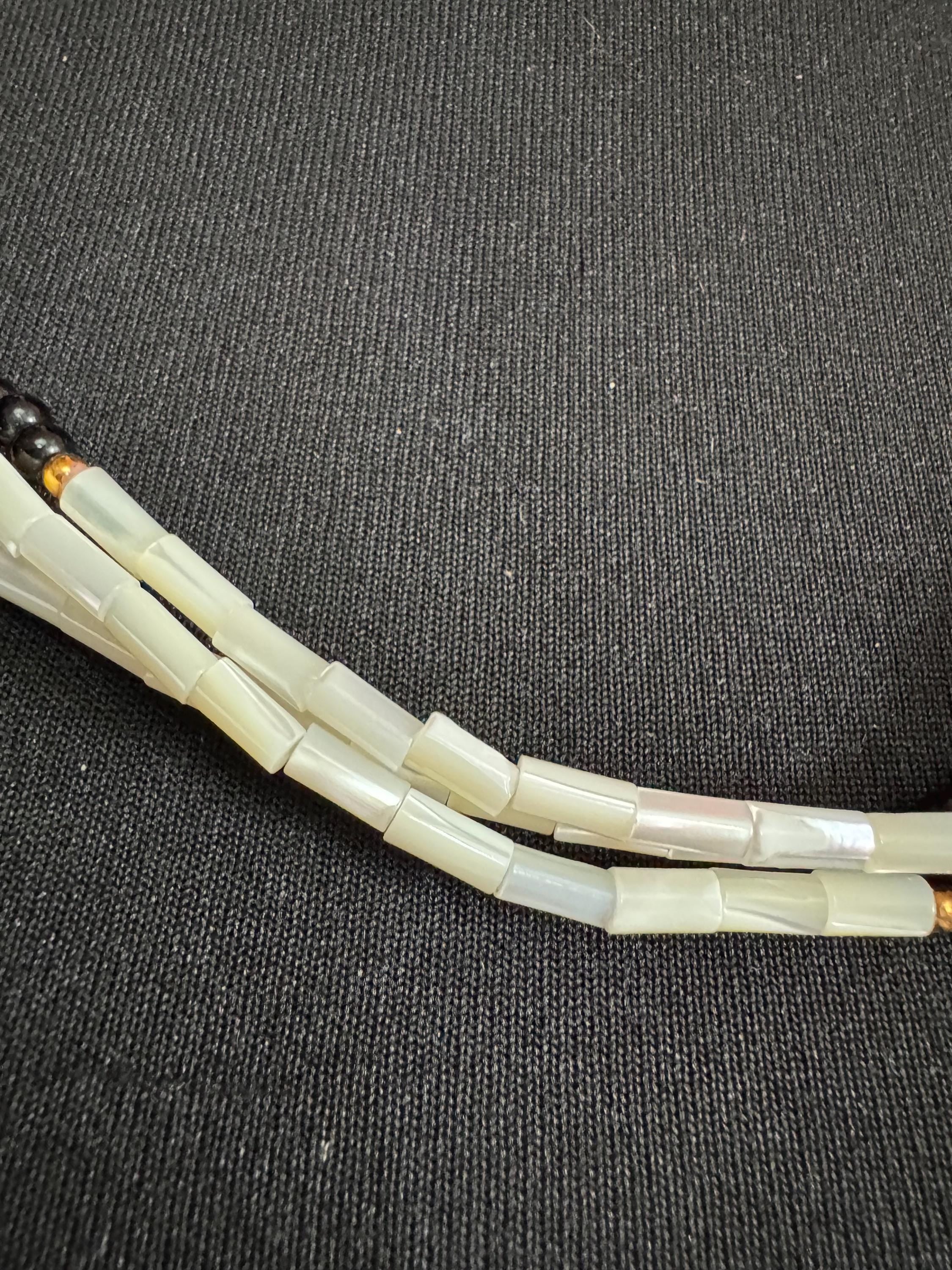 Retro mother of pearl bugle beaded MOP Natural shell and black glass beaded long multistrand necklace 62cm long ideal summer festivals
