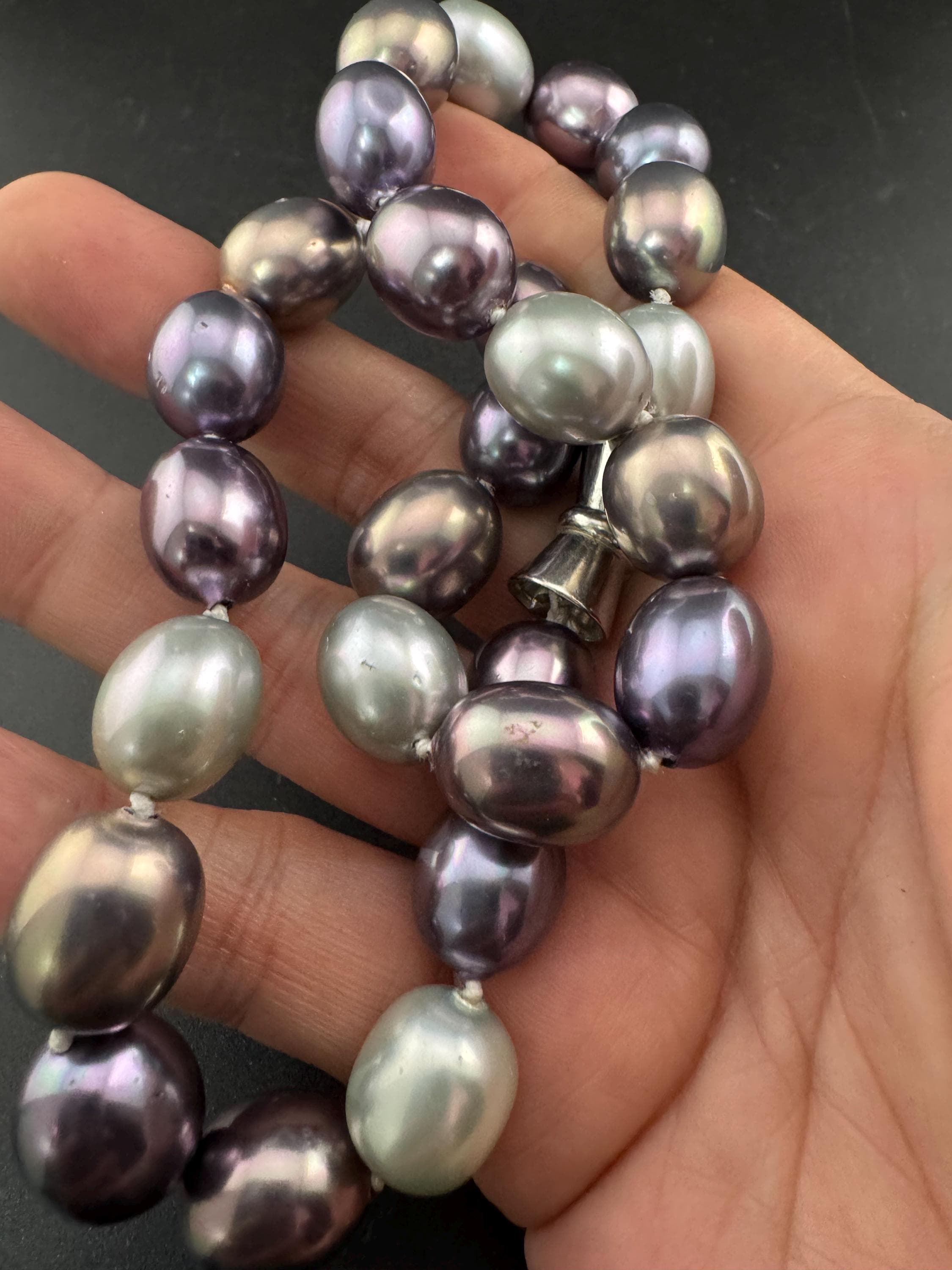 retro chunky steel grey , purple large glass oval faux pearls wide choker necklace with magnetic clasp 46cm