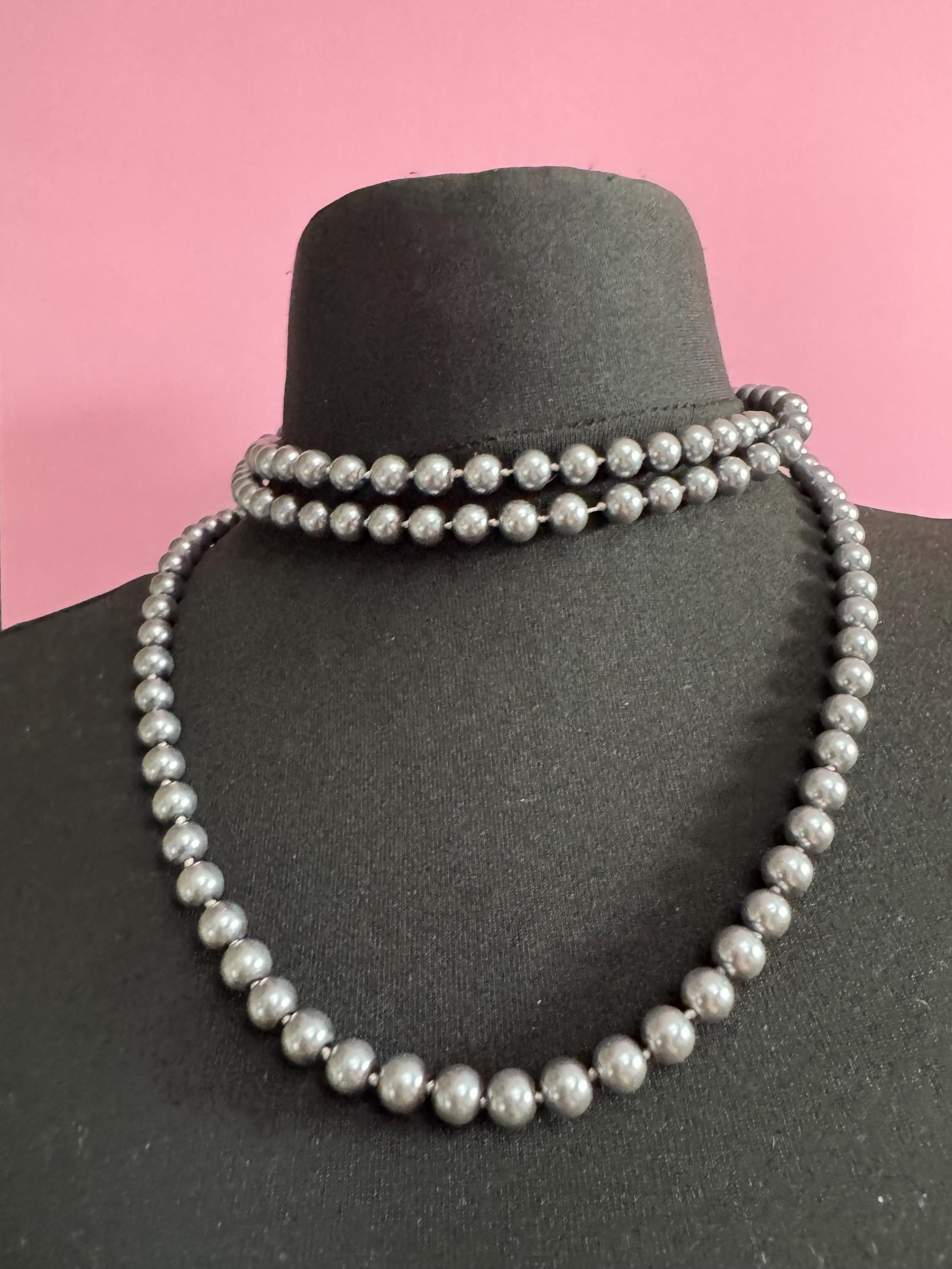 Vintage Dark Grey Freshwater Pearl Flapper Necklace: Knotted Long Wrap, 150cm