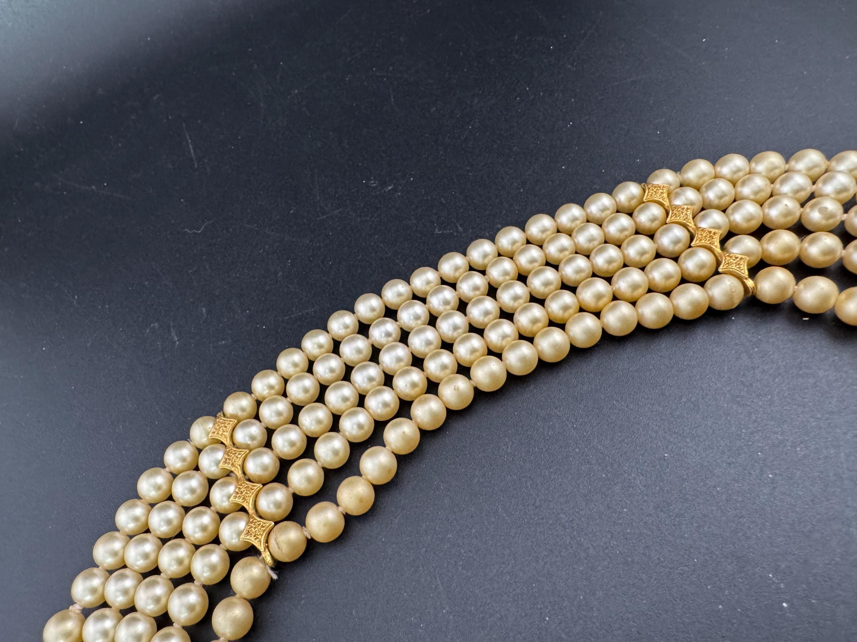 Vintage 36cm to 41cm sit on the neck 5 row Cream glass faux pearl choker necklace gold tone