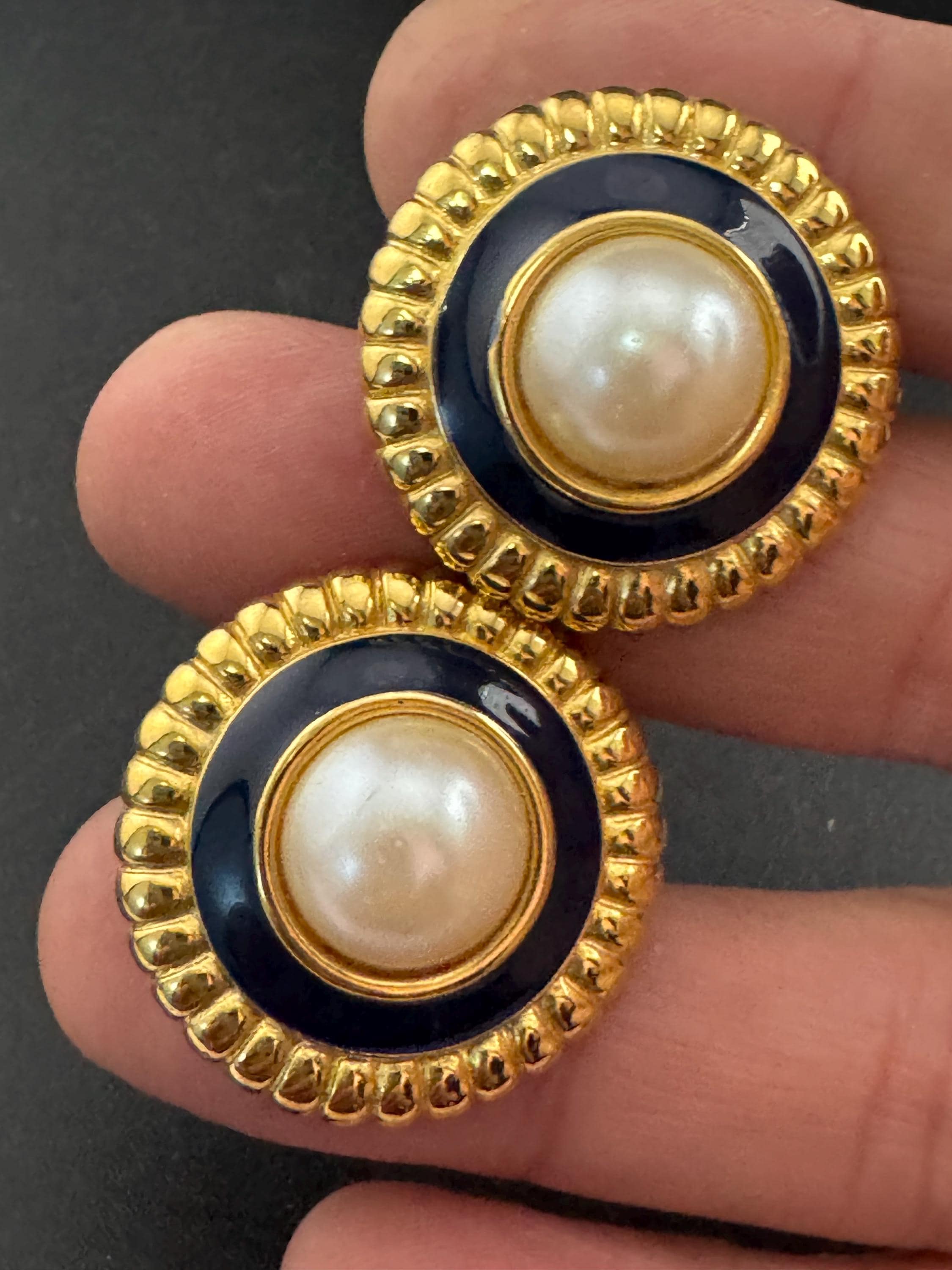 Signed monet Navy blue enamel pearl clip on earrings, gold tone stud