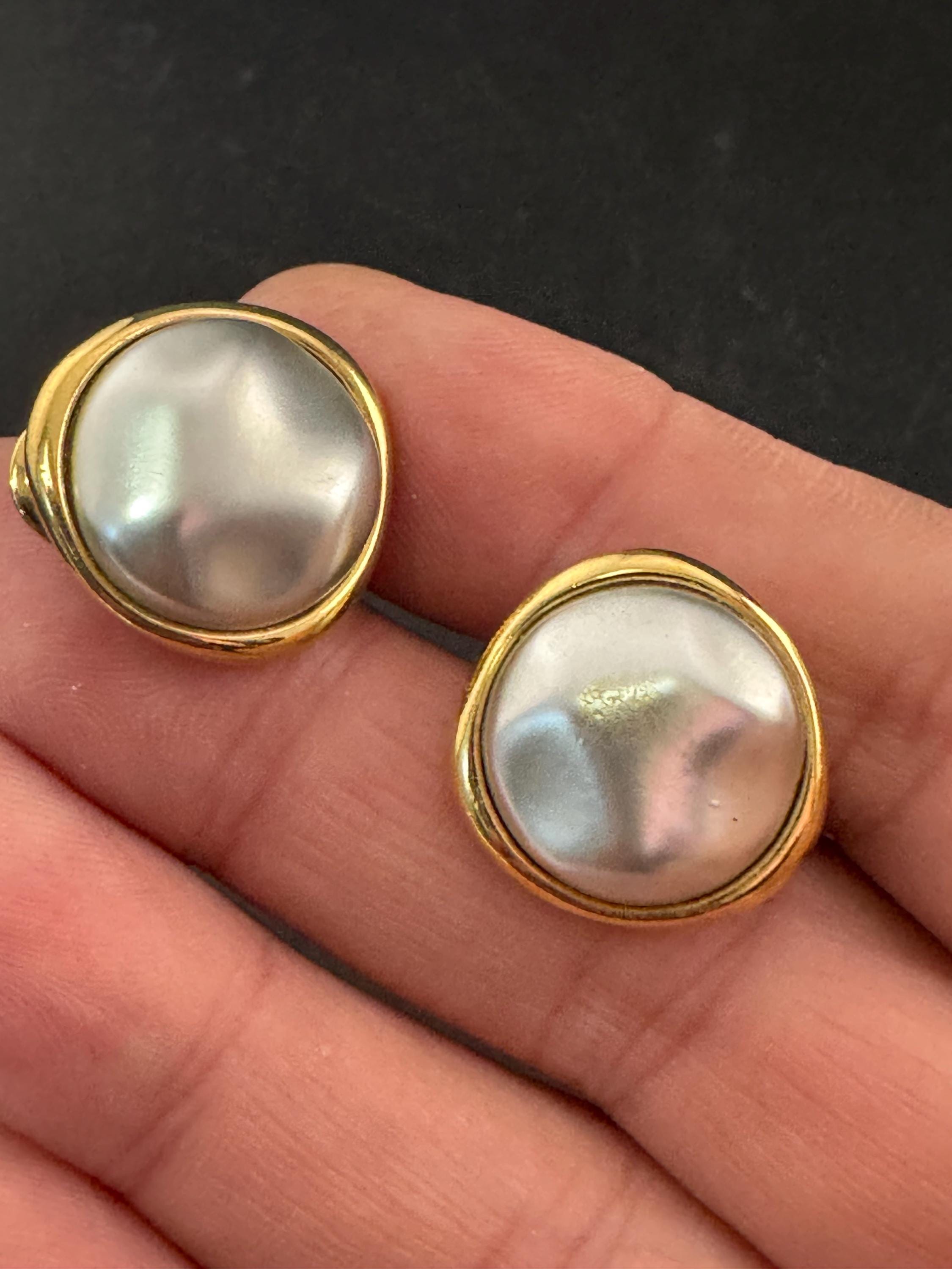 Vintage Monet soft grey Pearl Clip On Earrings: 22ct Gold Plated, signed