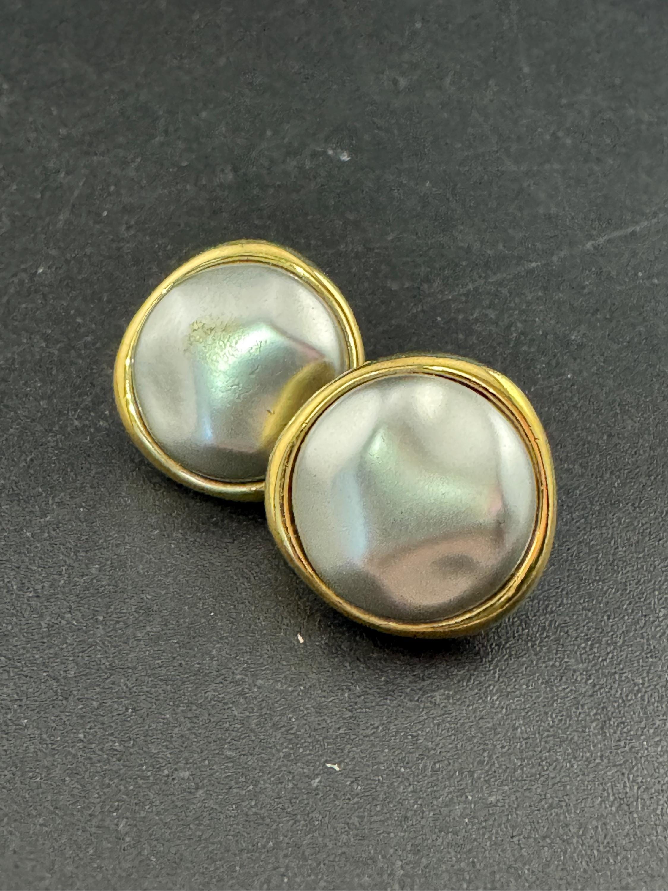 Vintage Monet soft grey Pearl Clip On Earrings: 22ct Gold Plated, signed