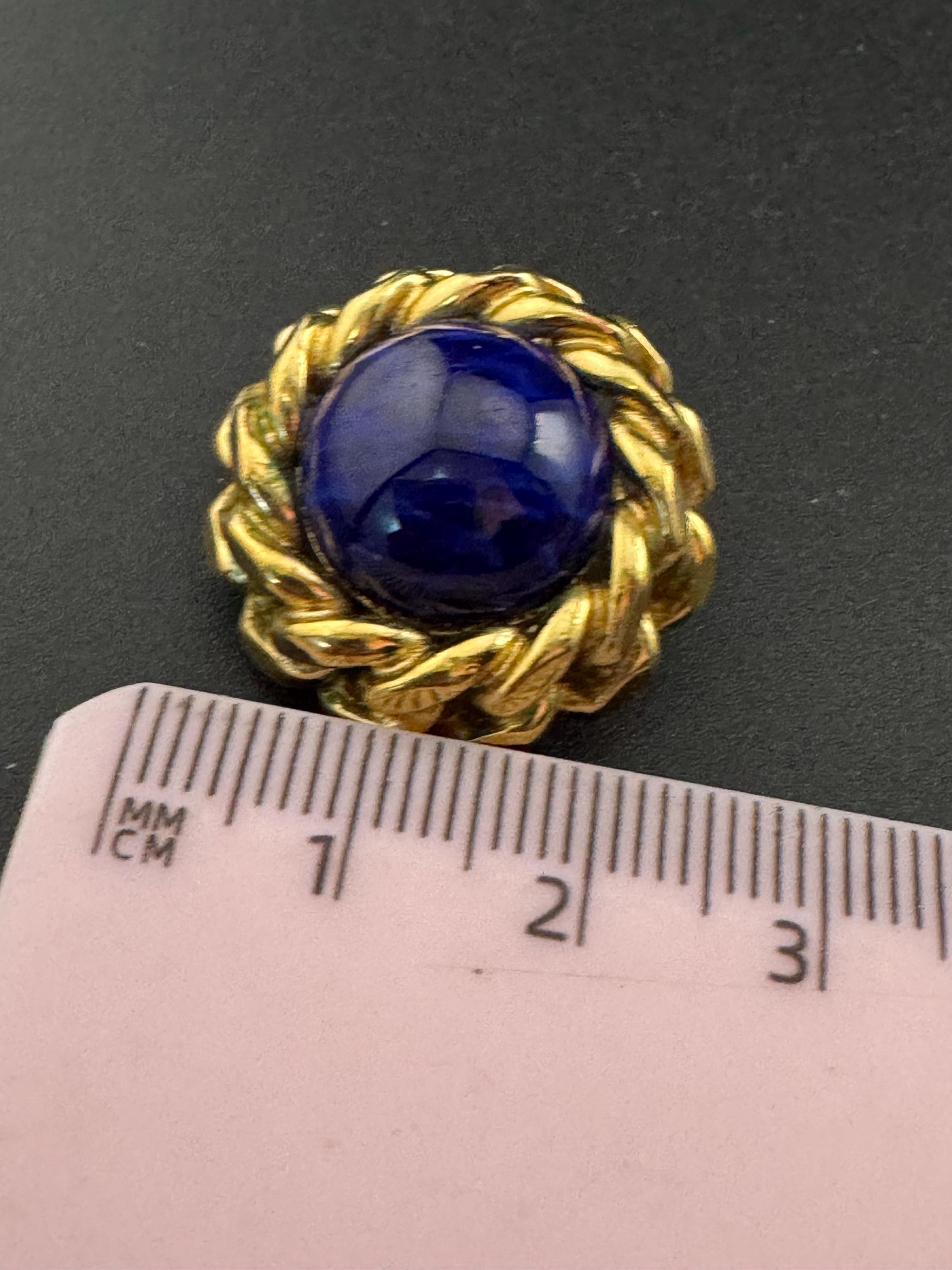 Signed GROSSE blue glass cabochon clip on earrings 2.5cm, gold chain edge