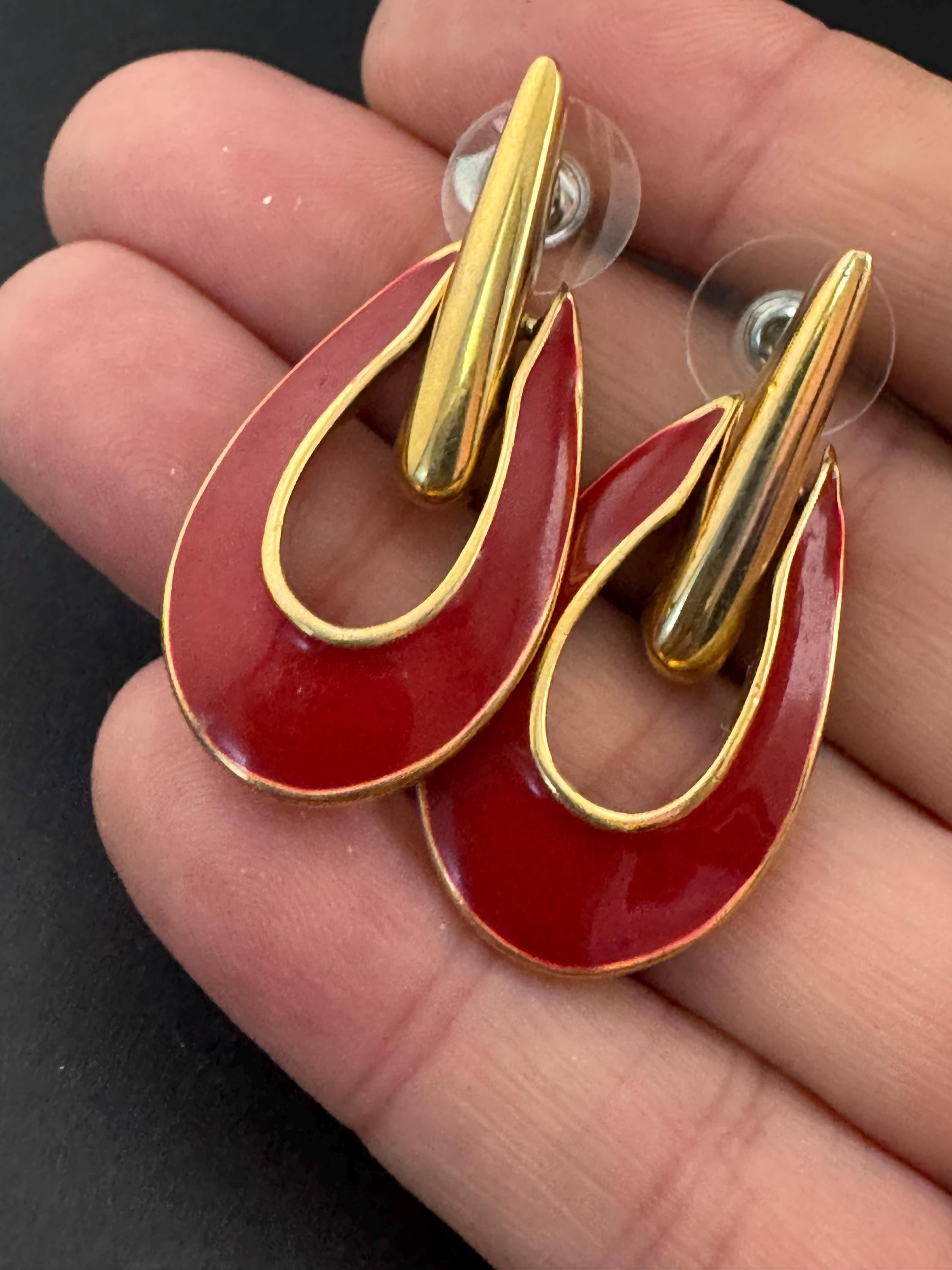 Signed Swarovski red enamel door knocker drop earrings, pierced gold tone