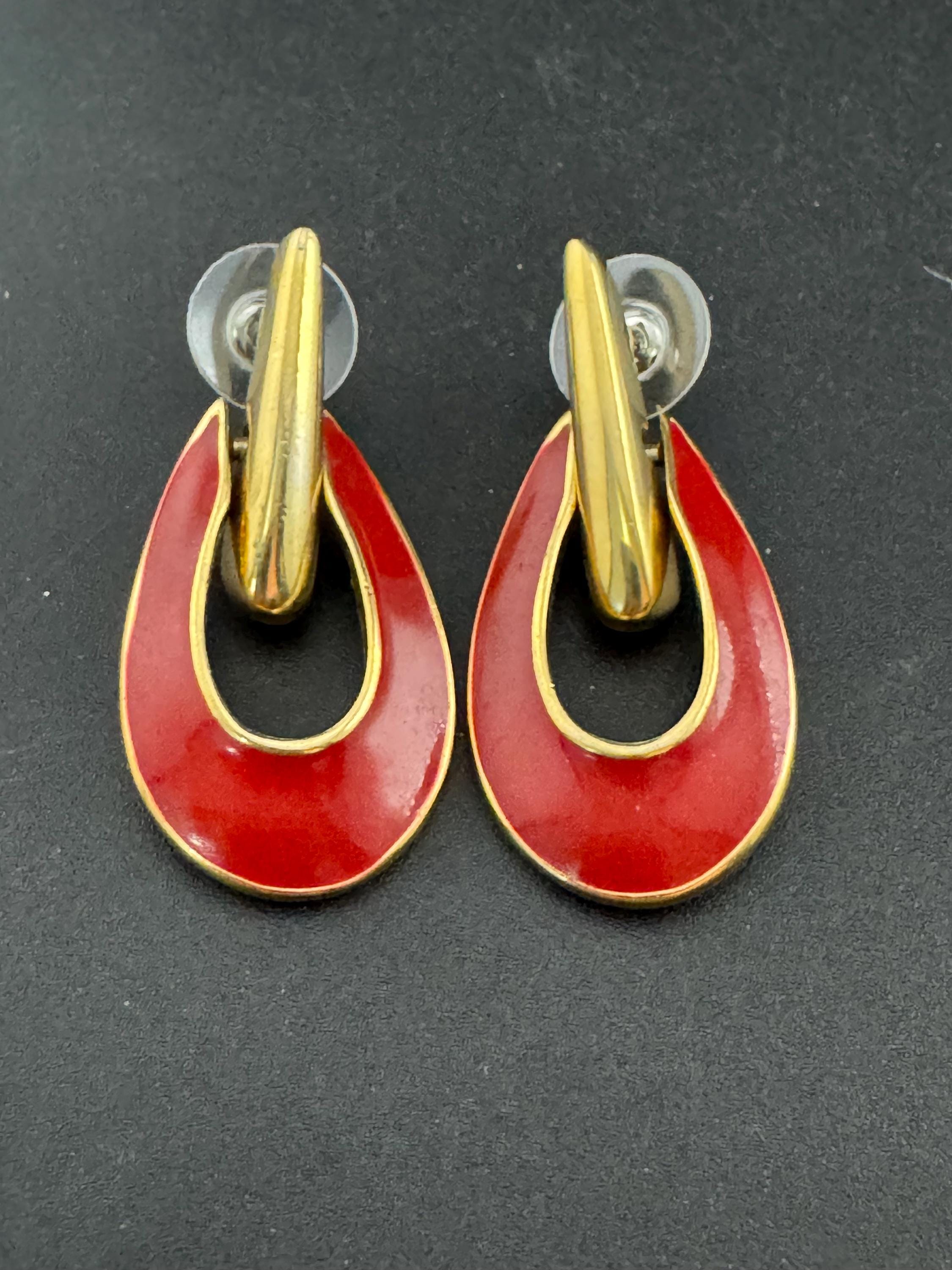 Signed Swarovski red enamel door knocker drop earrings, pierced gold tone
