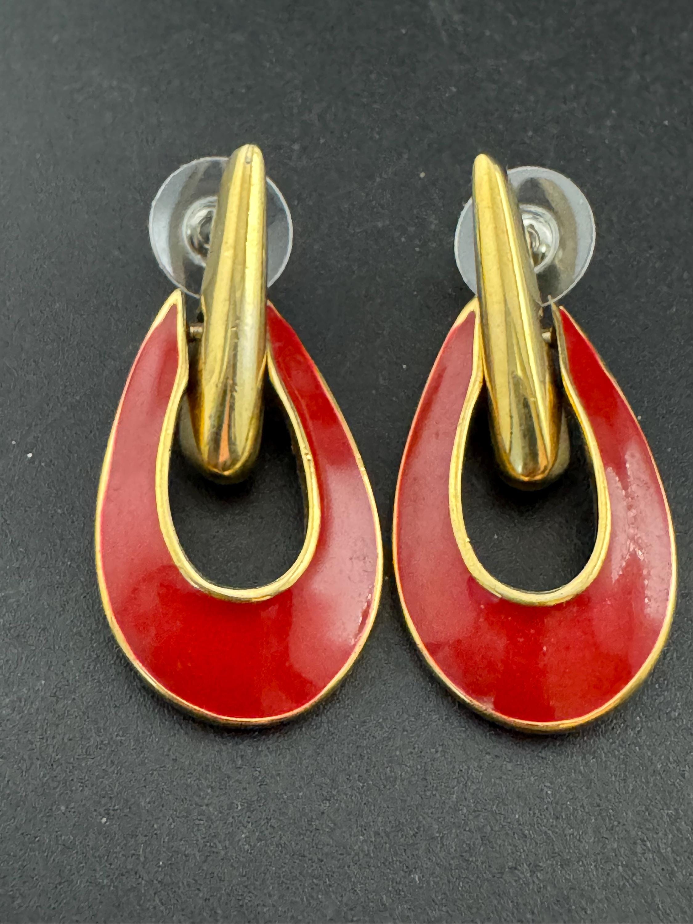 Signed Swarovski red enamel door knocker drop earrings, pierced gold tone