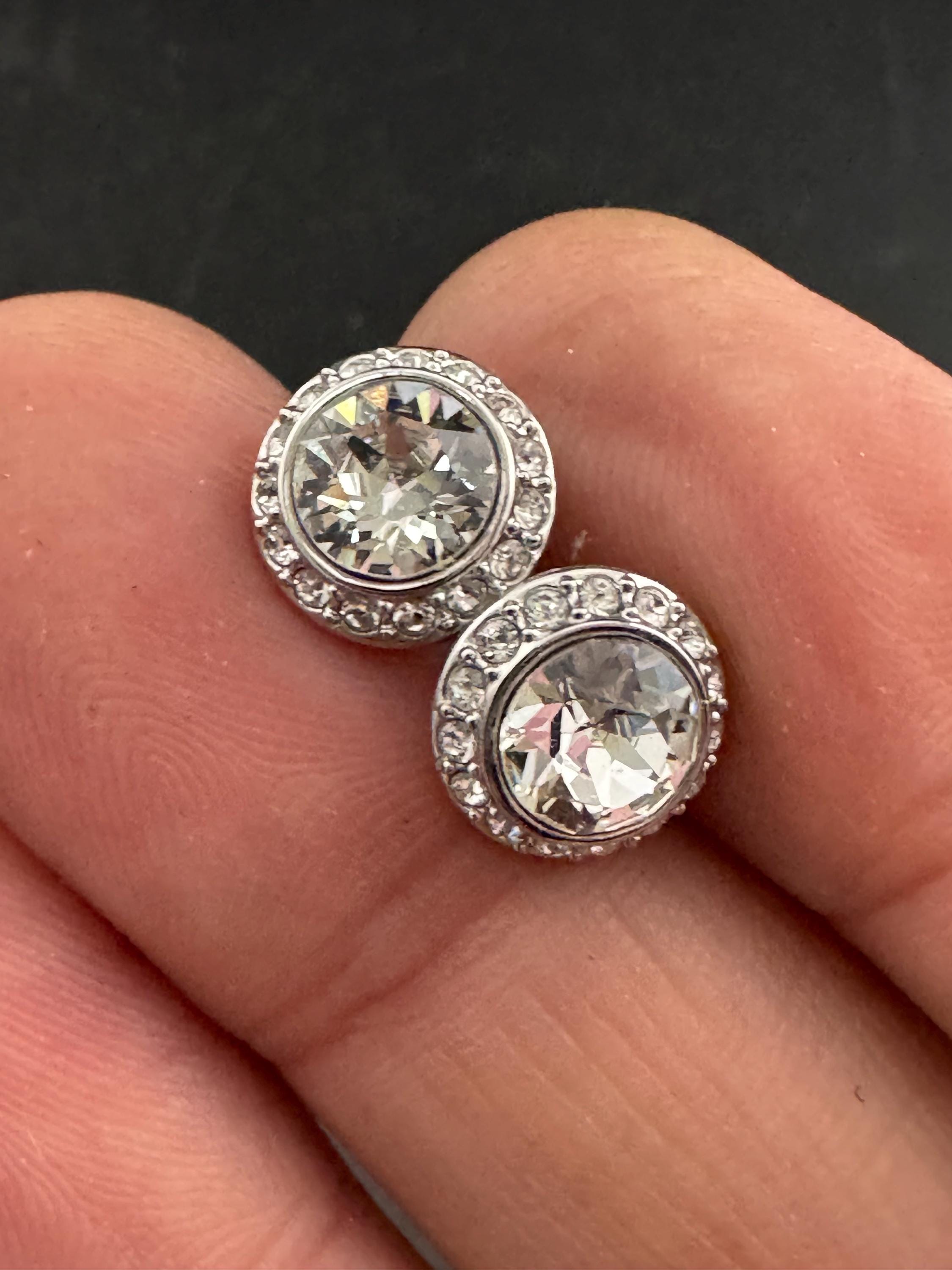 Signed Swarovski crystal silver tone diamanté round stud earrings