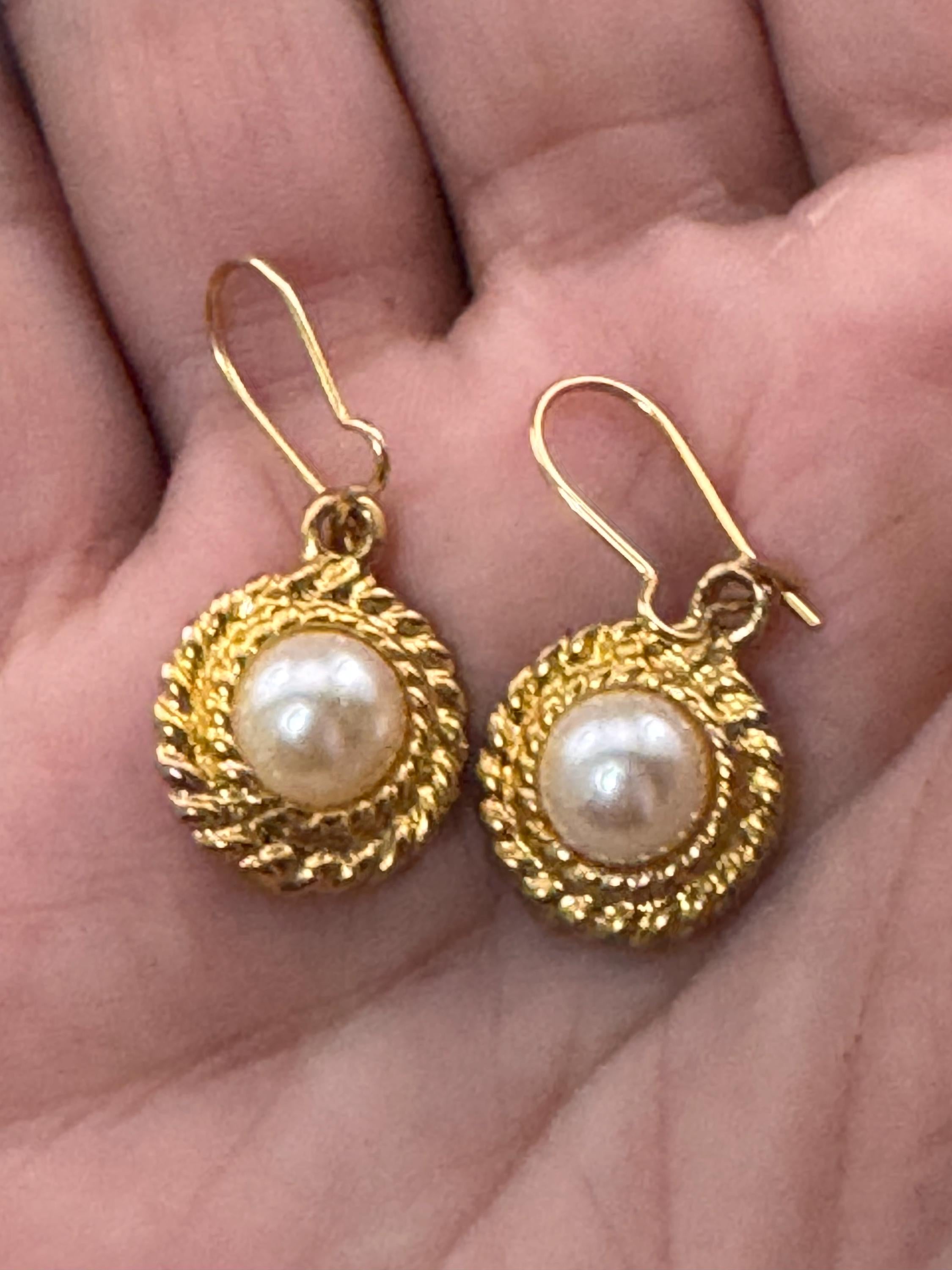 Vintage Gold Tone Pearl Cabochon Drop Earrings: 80s Rope Edge