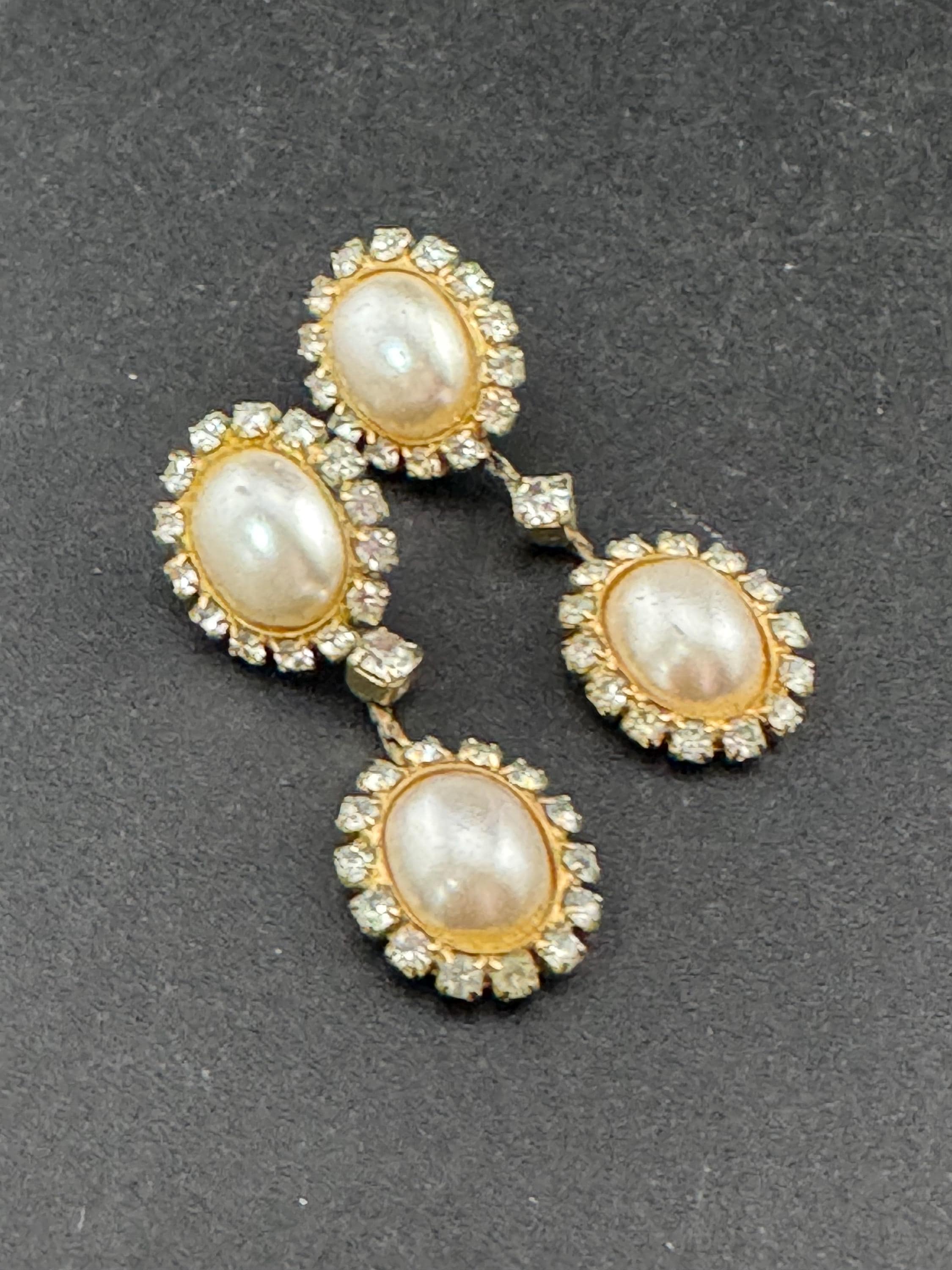 Vintage gold tone diamanté Crystal surround double white pearl oval cabochon 80s dangly drop earrings for pierced ears