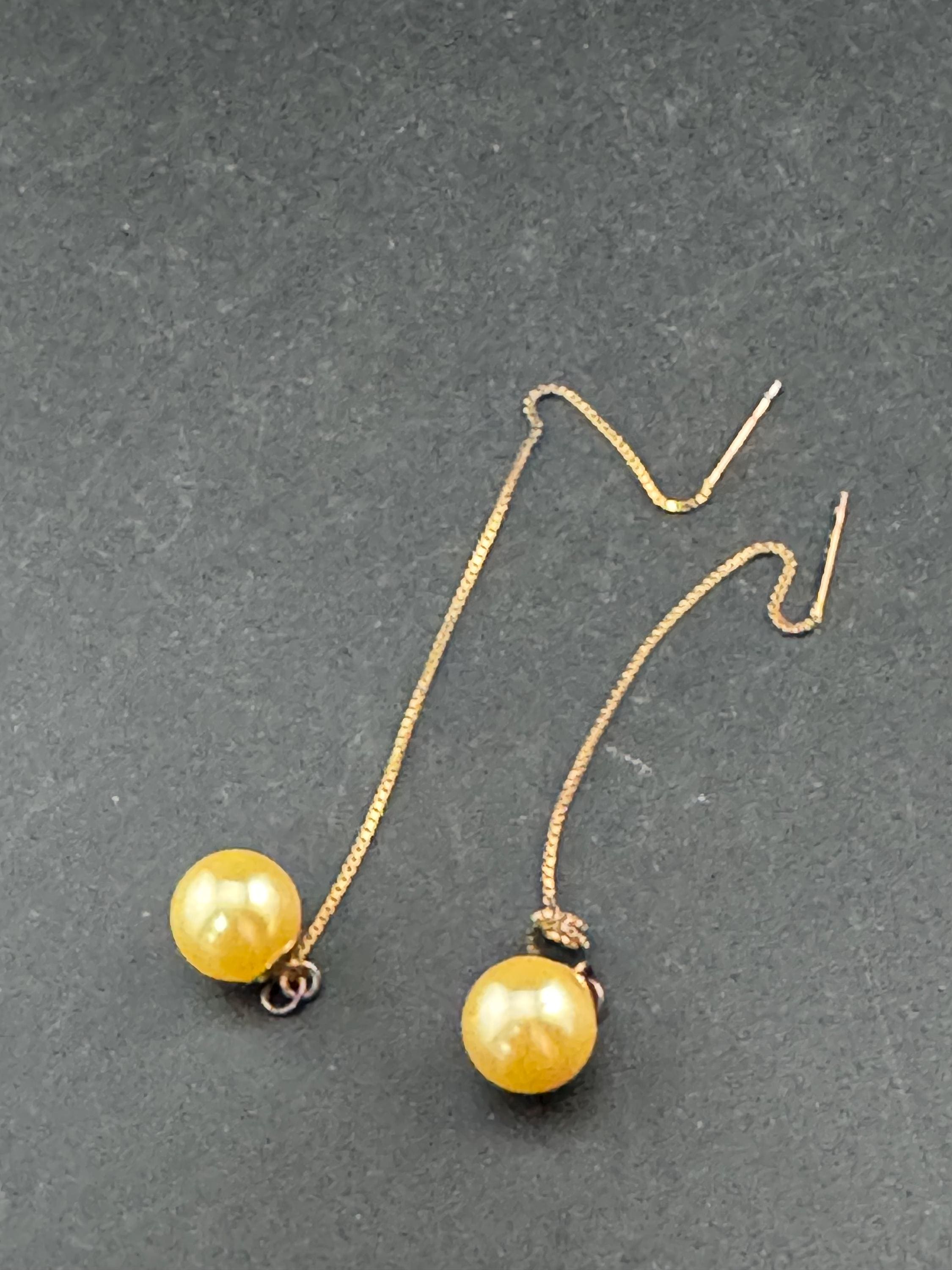 1980s vintage 10cm gold plated yellow tone cream faux pearl ball threader pull through Earrings for pierced ears