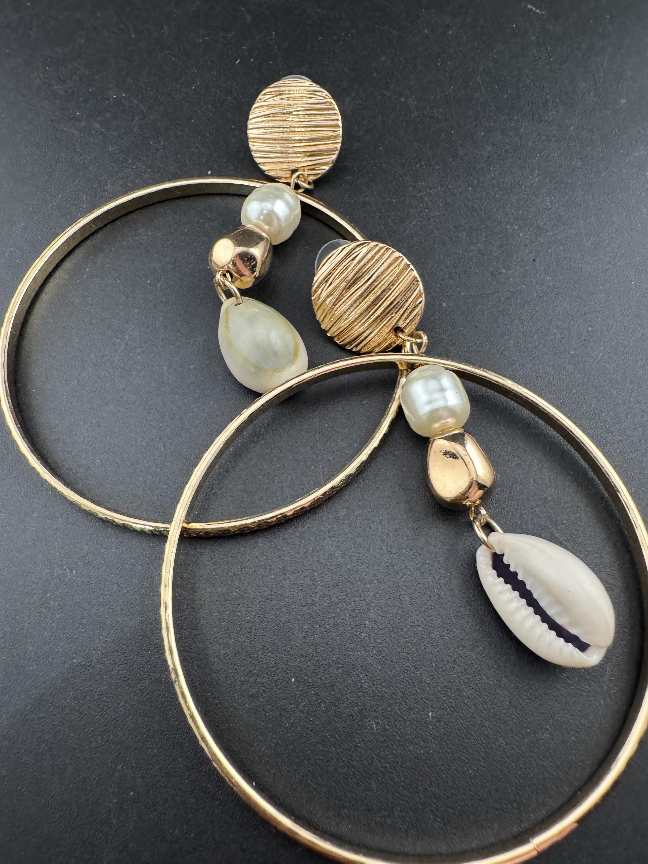 Retro Gold Tone Hoop Earrings: Faux Pearl & Conch Shell Statement Jewelry