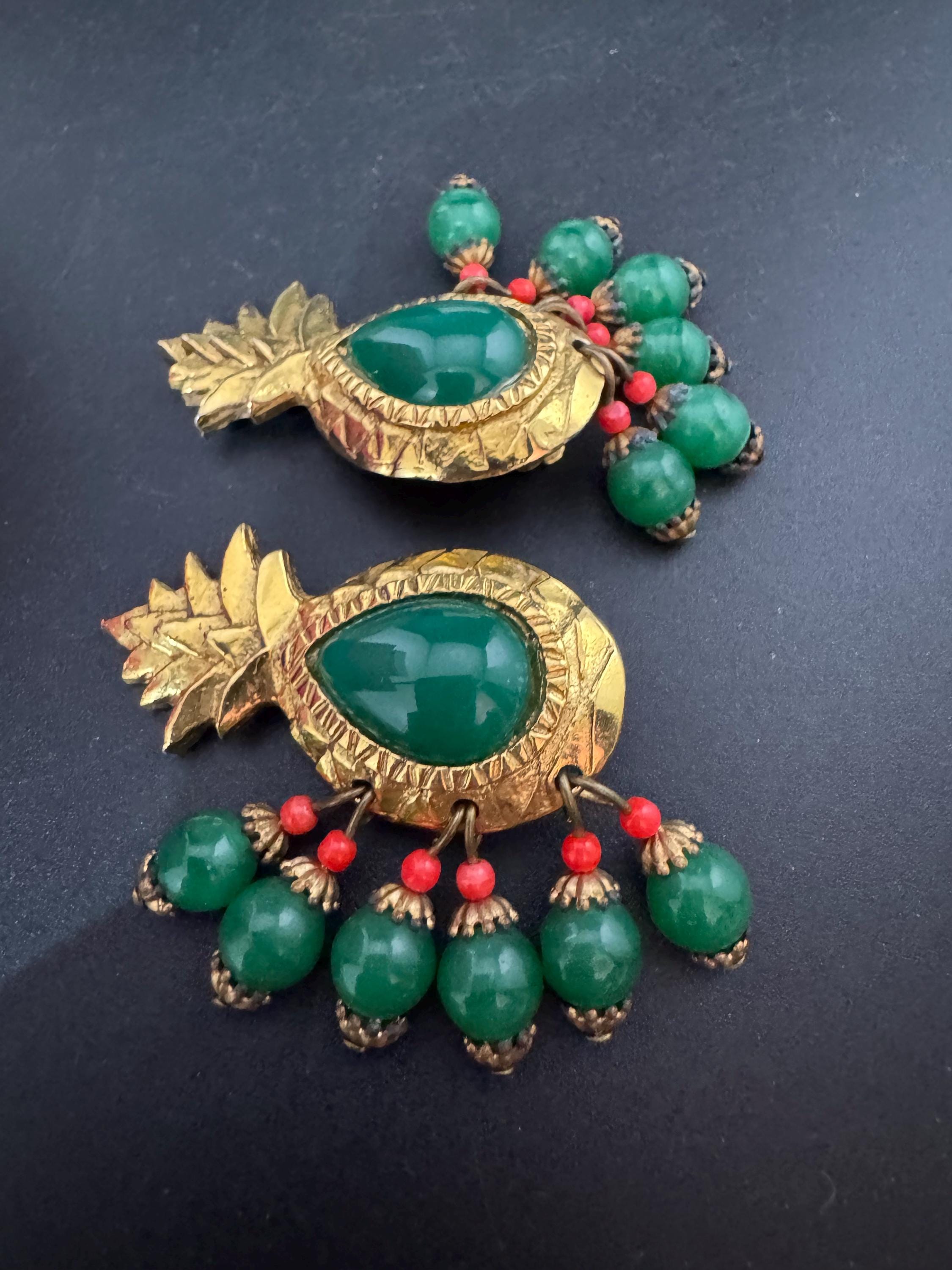 oversized vintage 1980s Abbey Road USA signed red, green and gold beaded pineapple clip on earrings